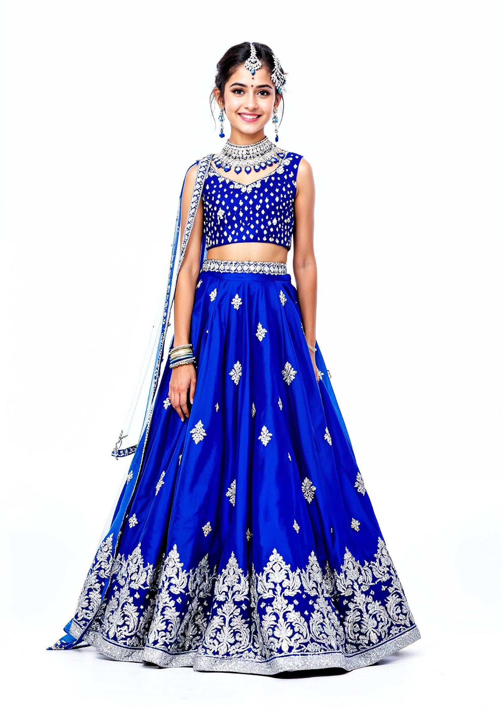 Beautiful Indian Girl in Traditional Lehenga Choli Standing Isolated on White Background