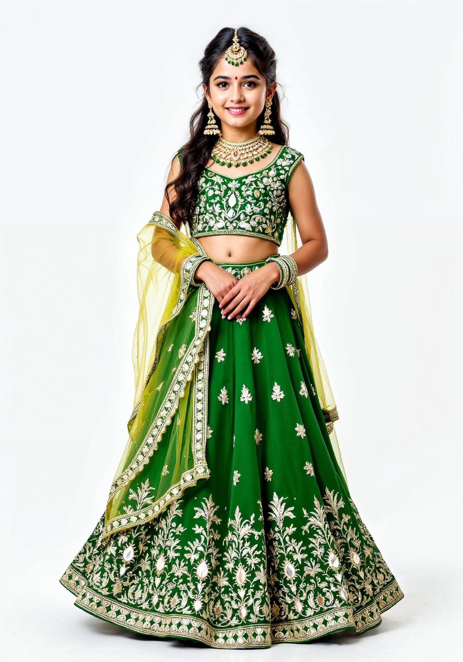Beautiful Indian Girl in Traditional Lehenga Choli Standing Isolated on White Background