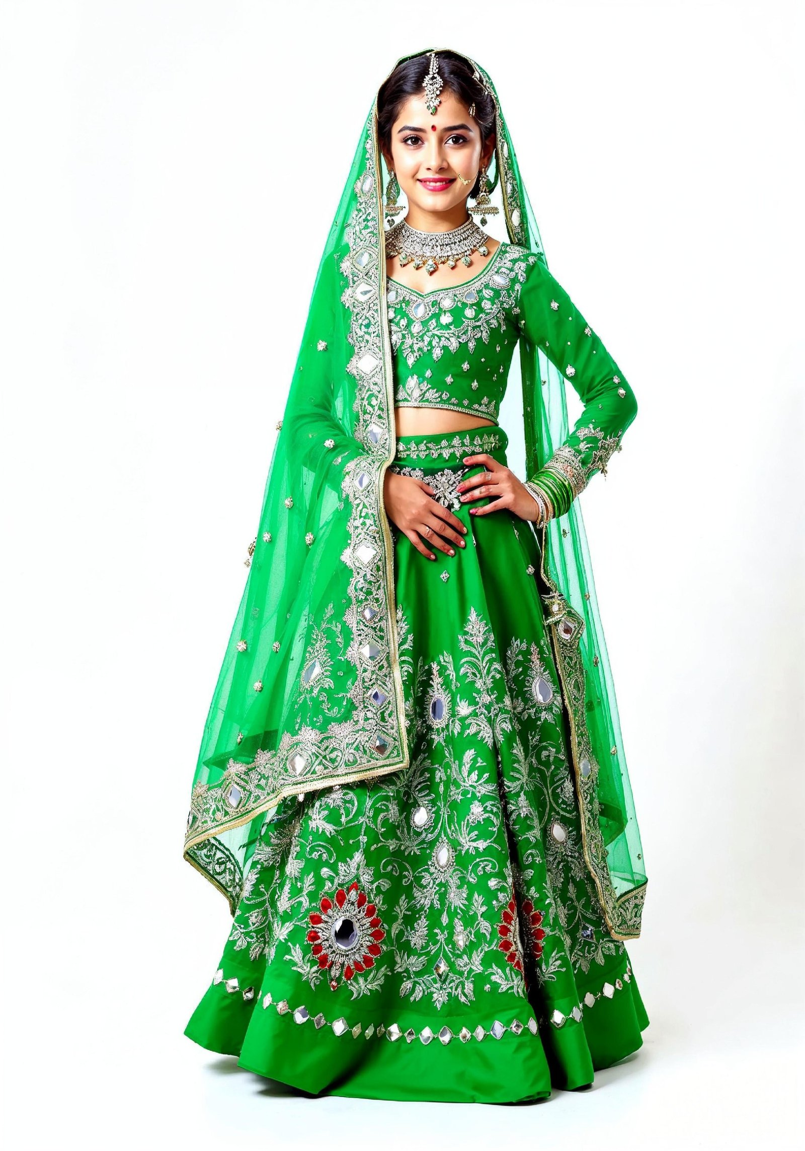 Beautiful Indian Girl in Traditional Lehenga Choli Standing Isolated on White Background