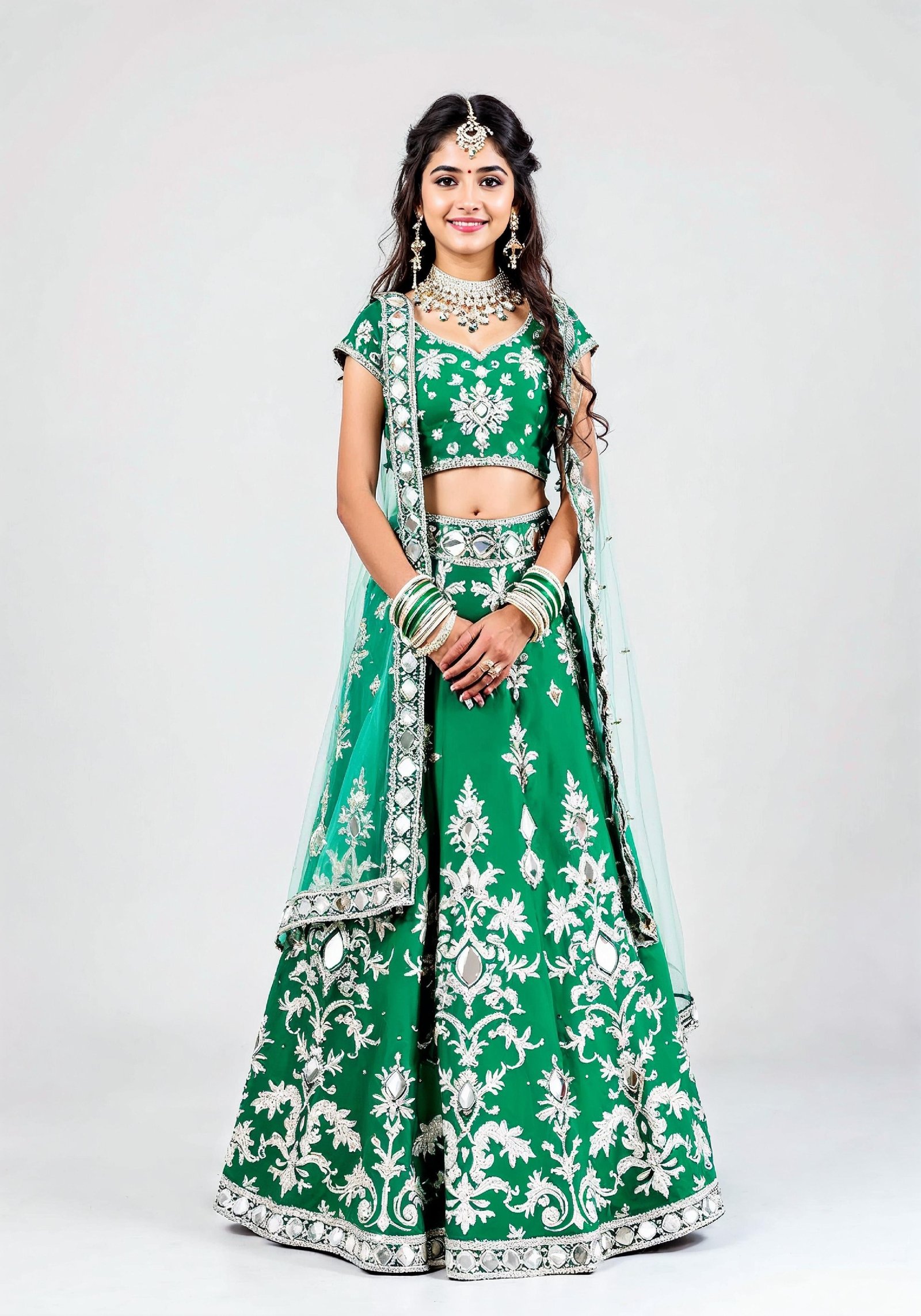 Beautiful Indian Girl in Traditional Lehenga Choli Standing Isolated on White Background
