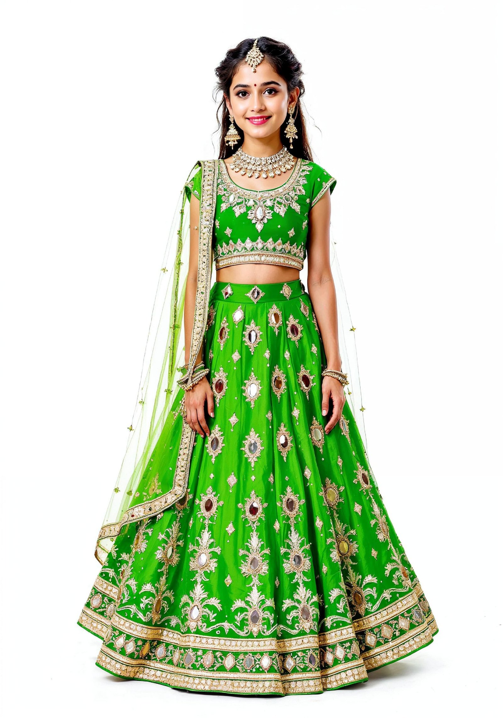 Beautiful Indian Girl in Traditional Lehenga Choli Standing Isolated on White Background