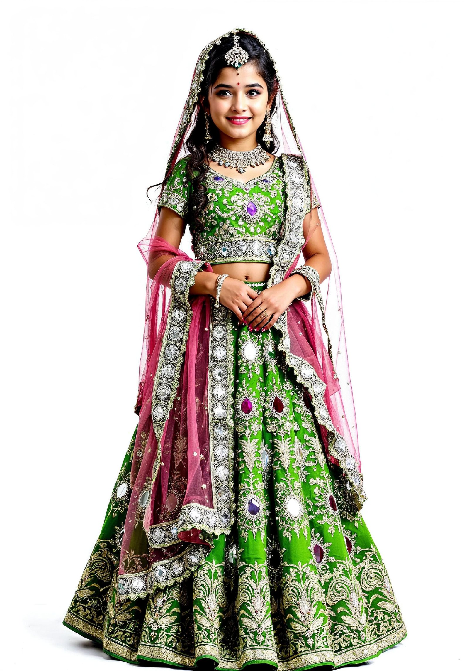 Beautiful Indian Girl in Traditional Lehenga Choli Standing Isolated on White Background