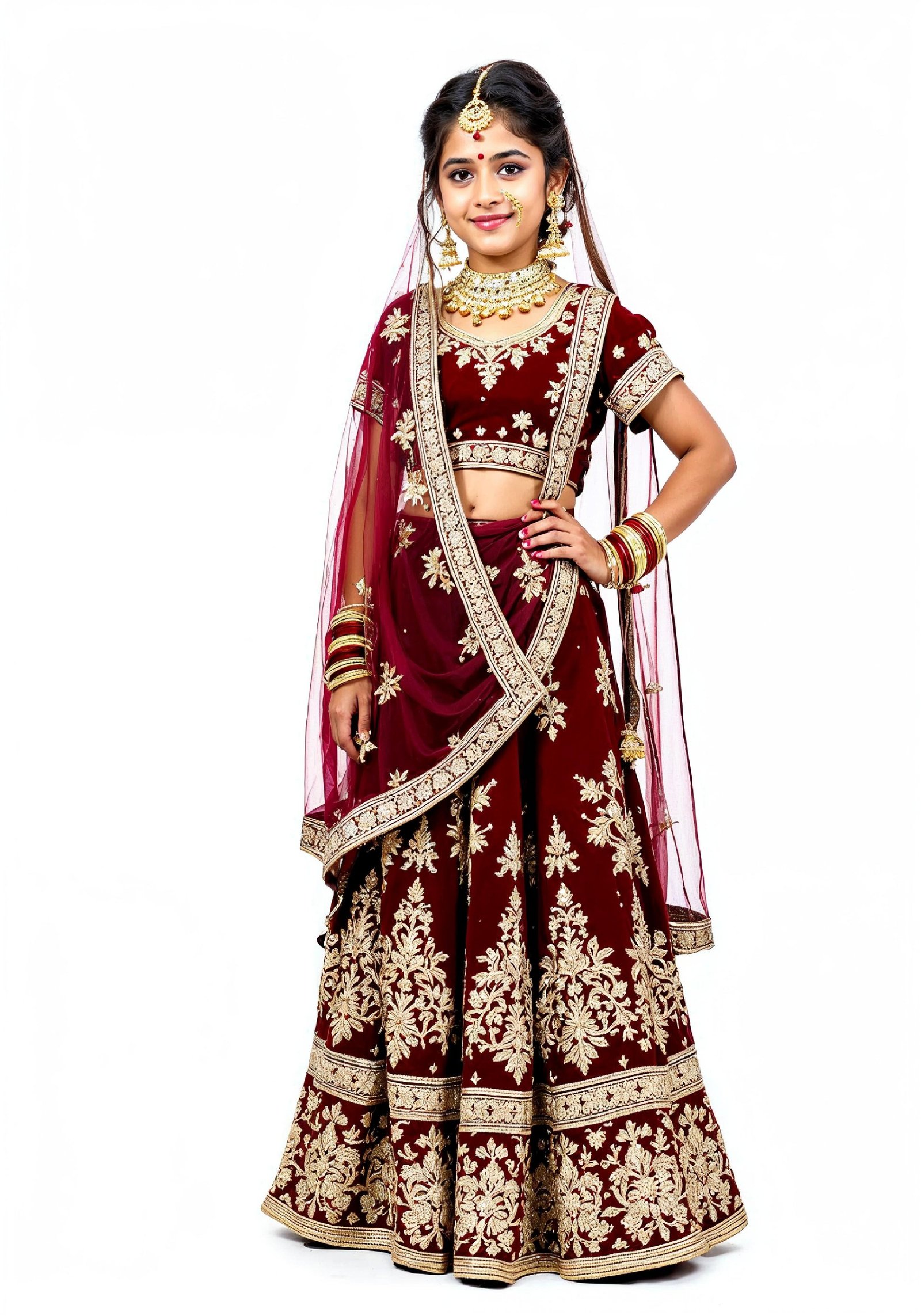 Beautiful Indian Girl in Traditional Lehenga Choli Standing Isolated on White Background