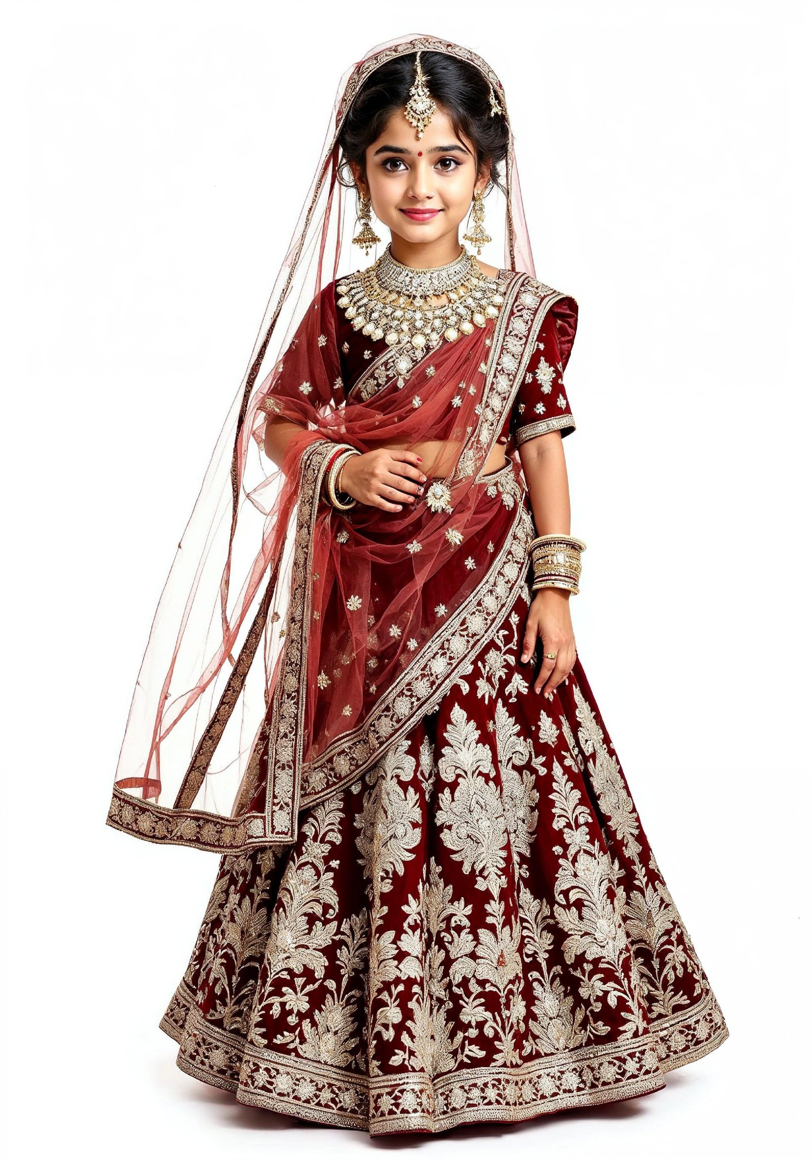 Beautiful Indian Girl in Traditional Lehenga Choli Standing Isolated on White Background