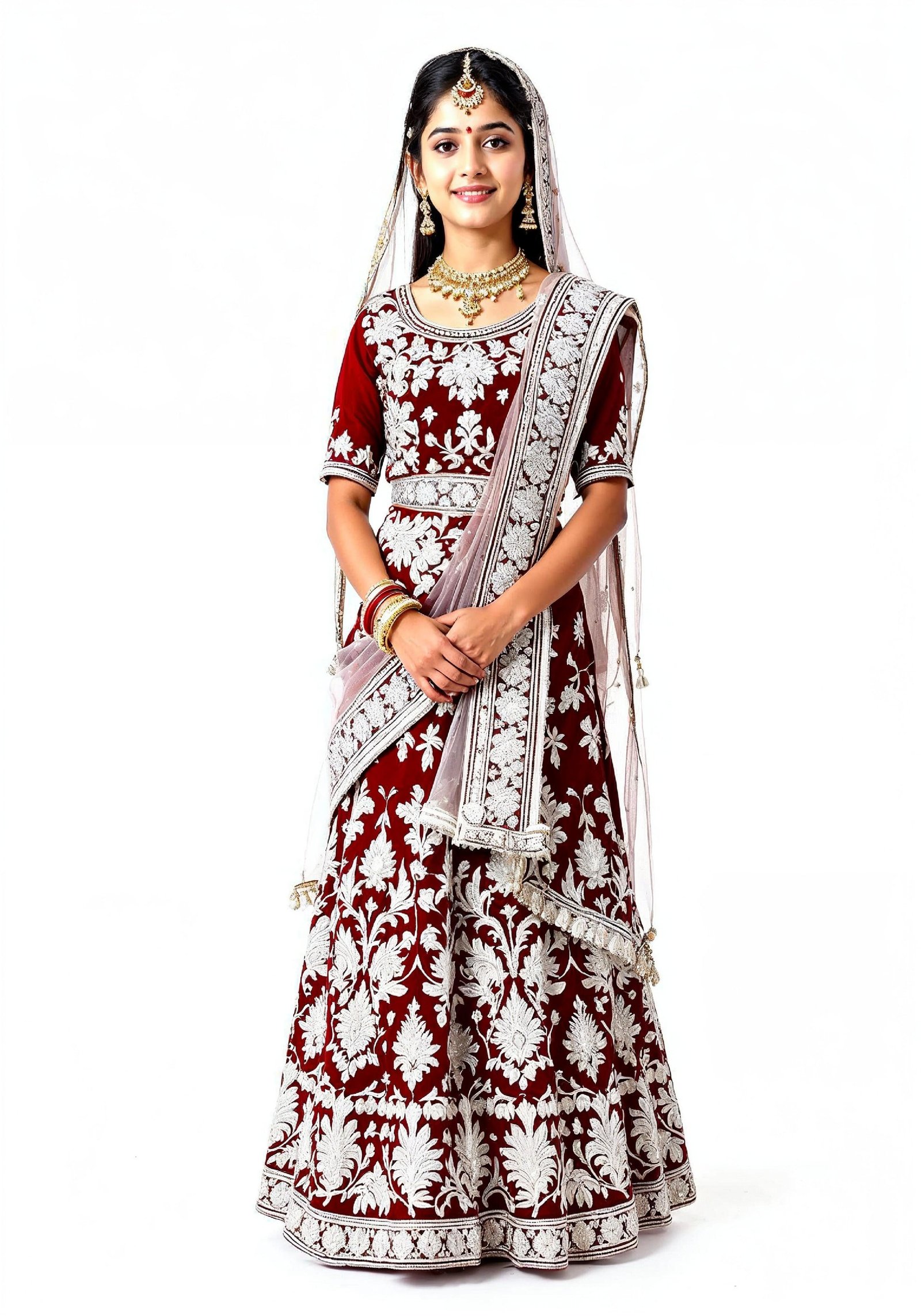 Beautiful Indian Girl in Traditional Lehenga Choli Standing Isolated on White Background