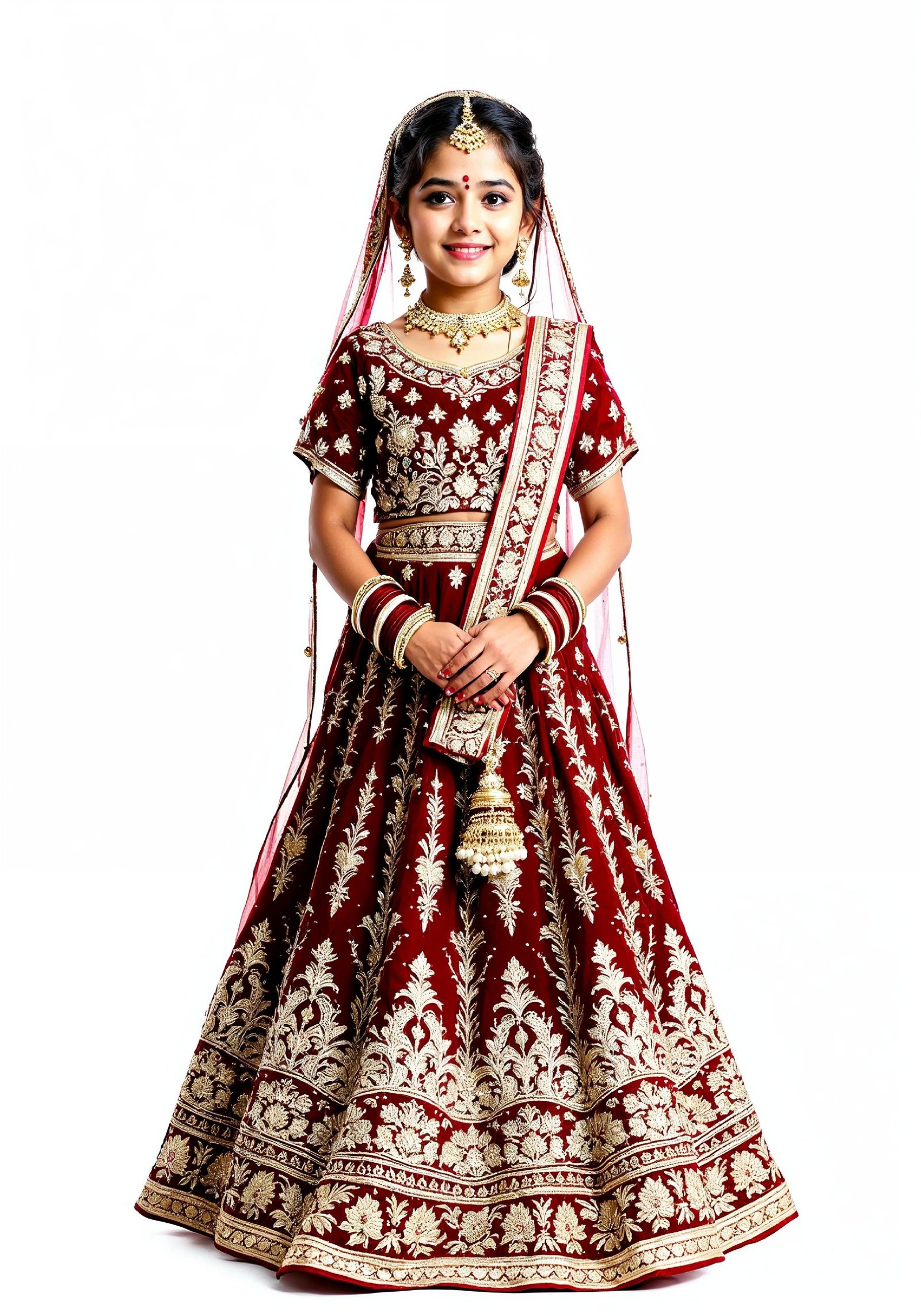 Beautiful Indian Girl in Traditional Lehenga Choli Standing Isolated on White Background
