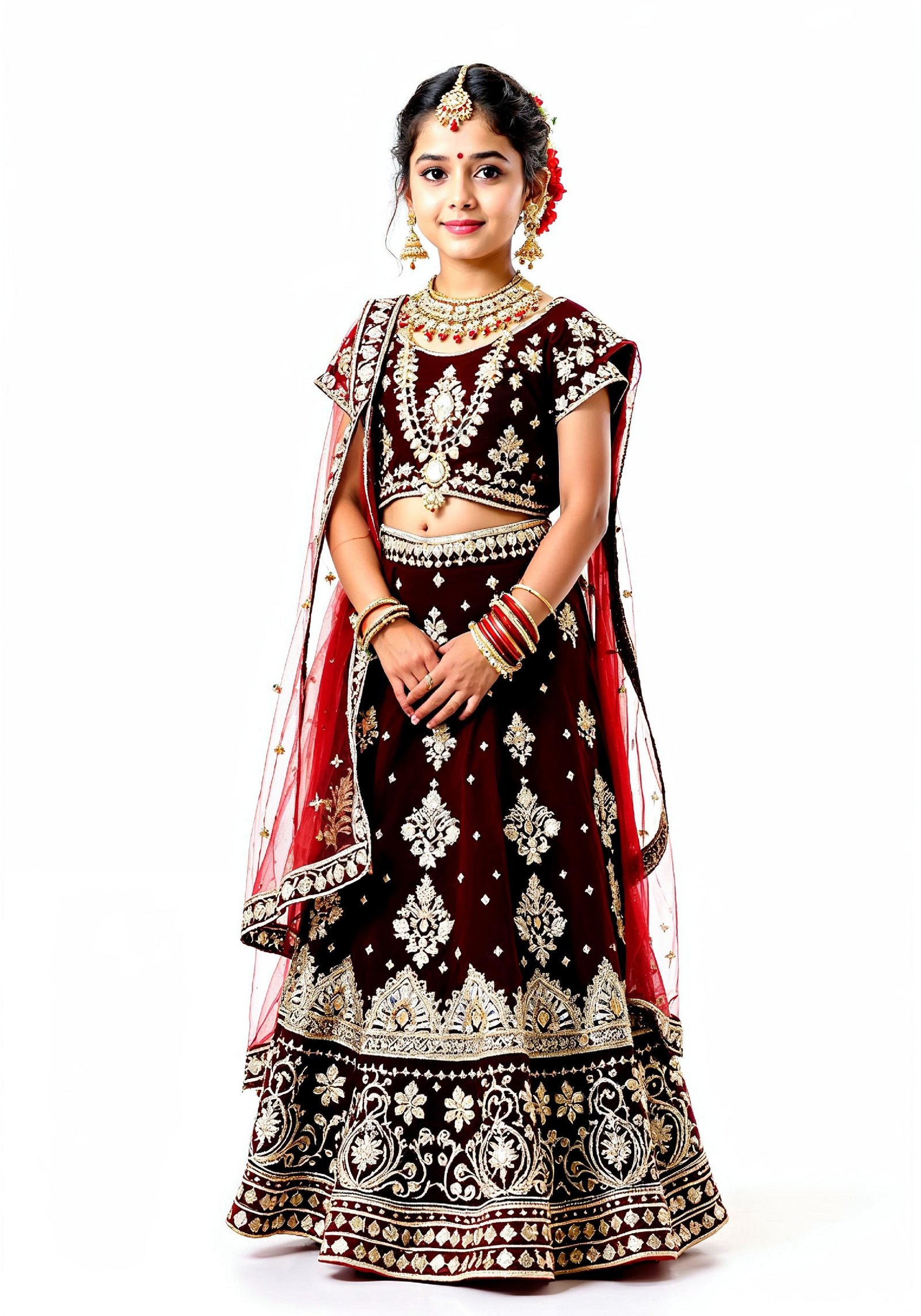 Beautiful Indian Girl in Traditional Lehenga Choli Standing Isolated on White Background