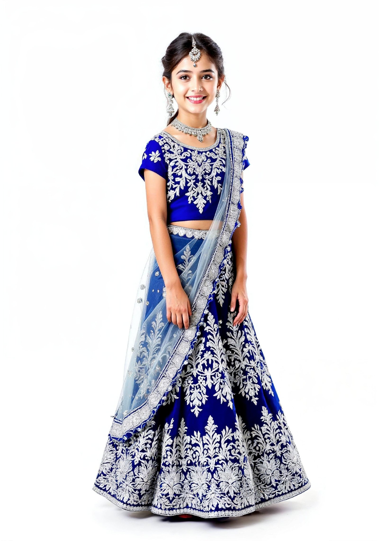 Beautiful Indian Girl in Traditional Lehenga Choli Standing Isolated on White Background