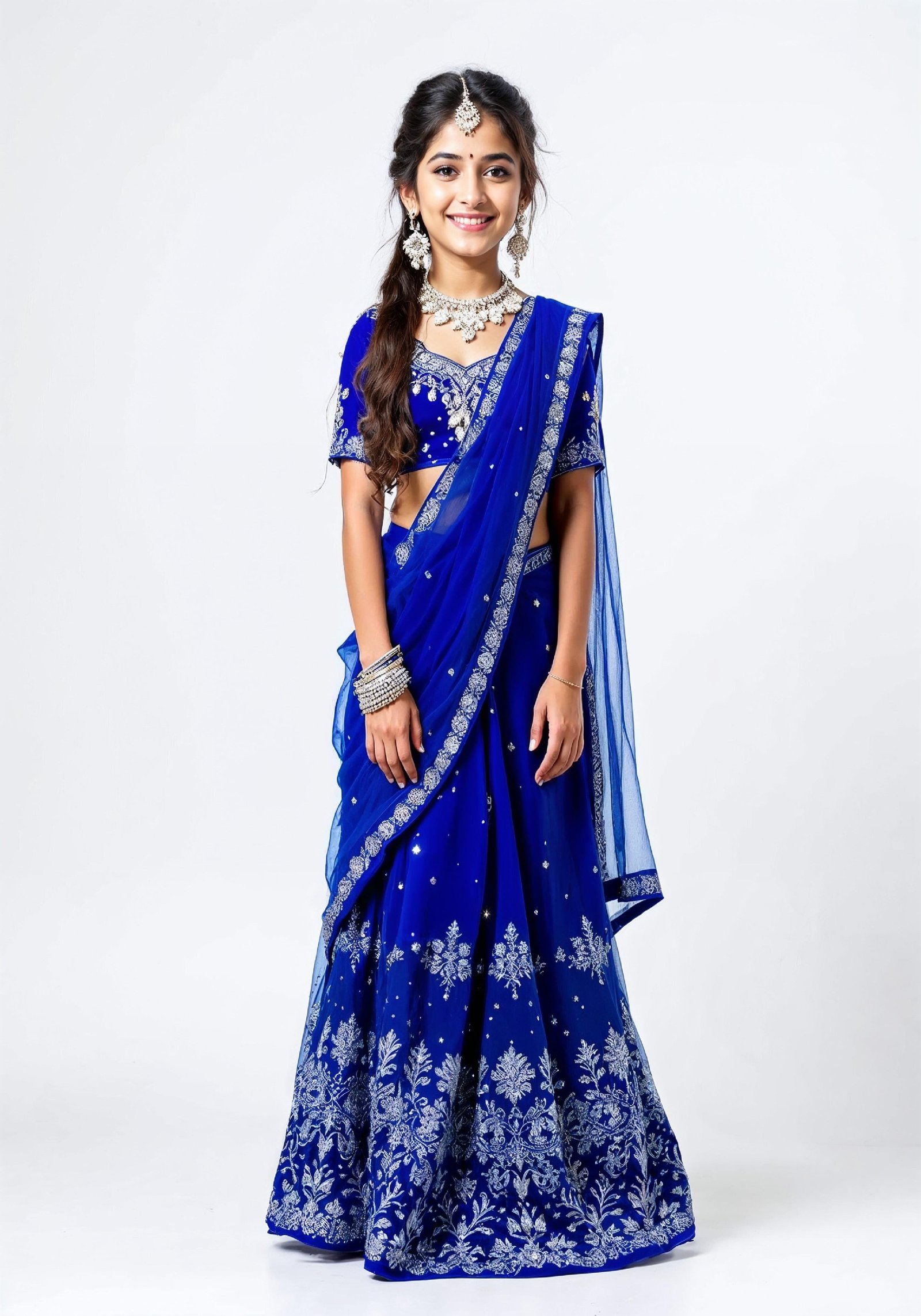 Beautiful Indian Girl in Traditional Lehenga Choli Standing Isolated on White Background