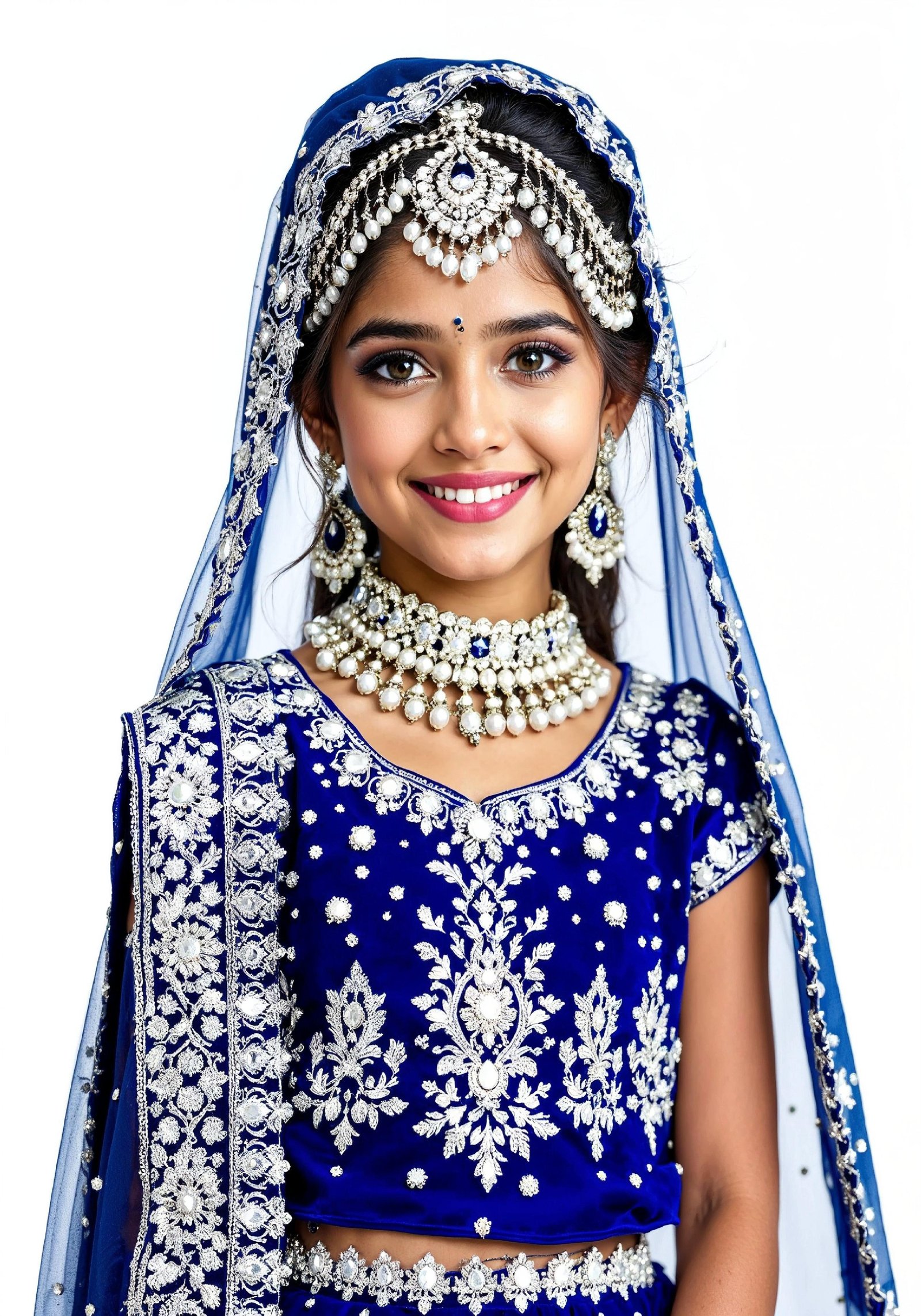 Beautiful Indian Girl in Traditional Lehenga Choli Standing Isolated on White Background