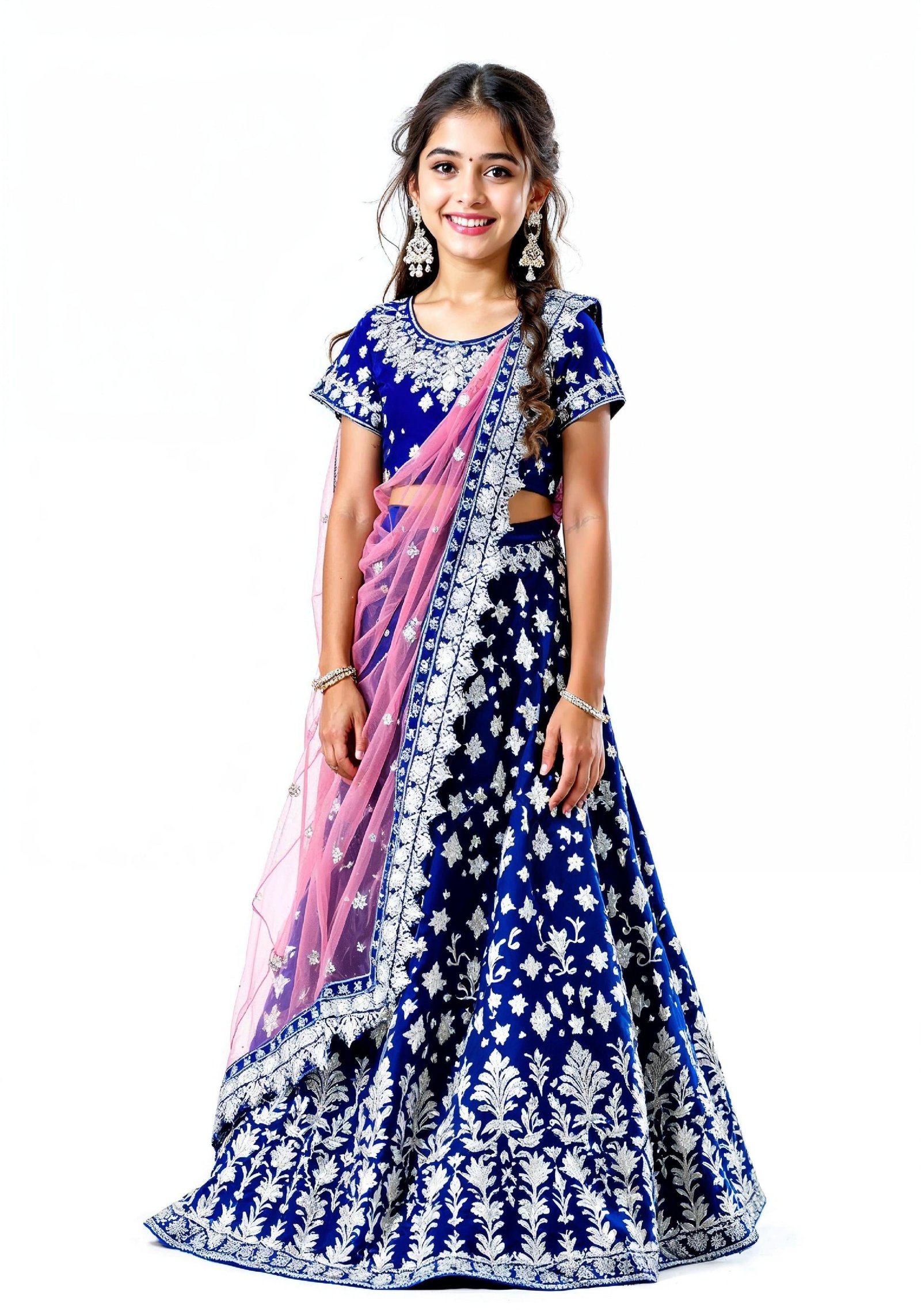Beautiful Indian Girl in Traditional Lehenga Choli Standing Isolated on White Background