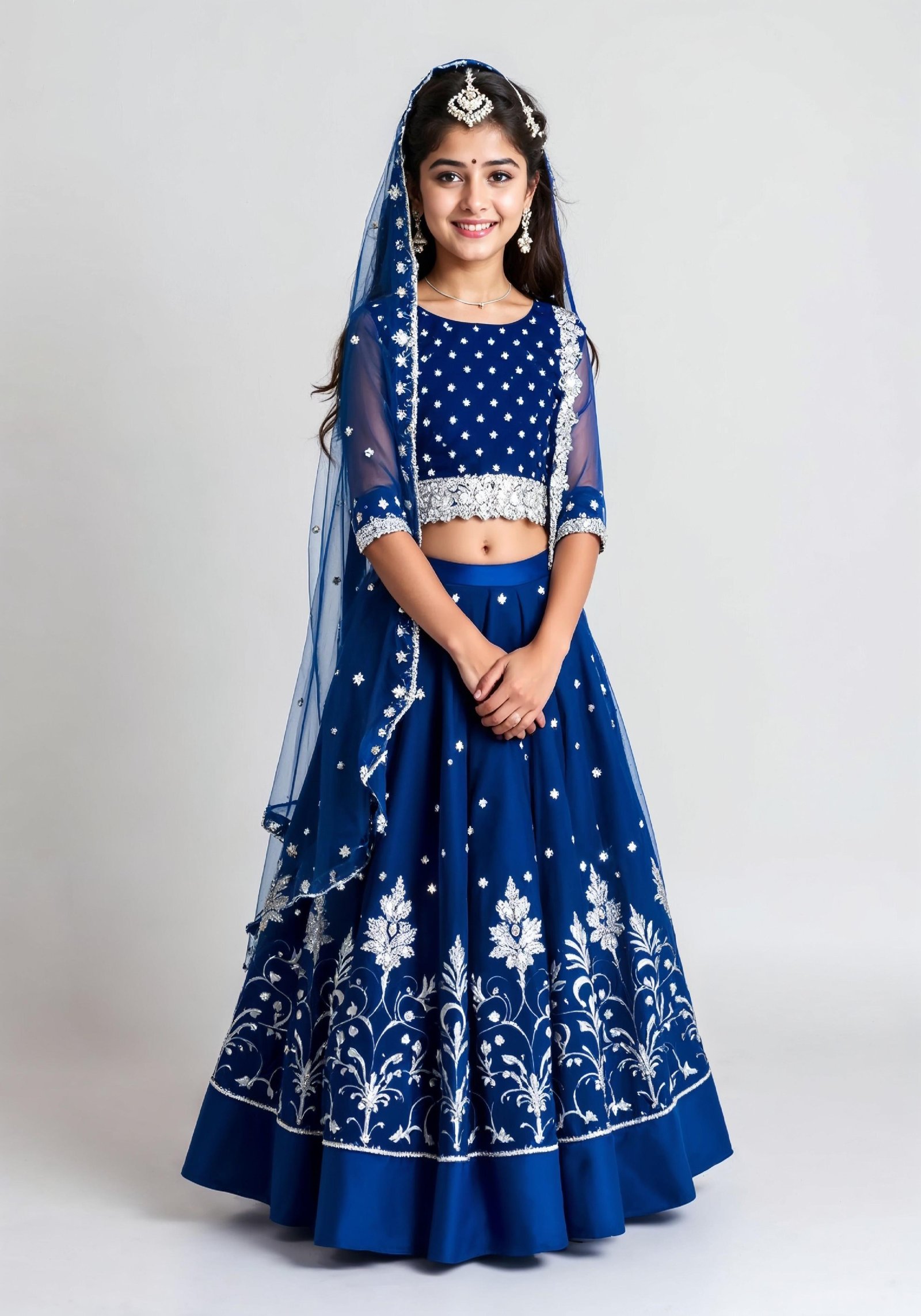 Beautiful Indian Girl in Traditional Lehenga Choli Standing Isolated on White Background