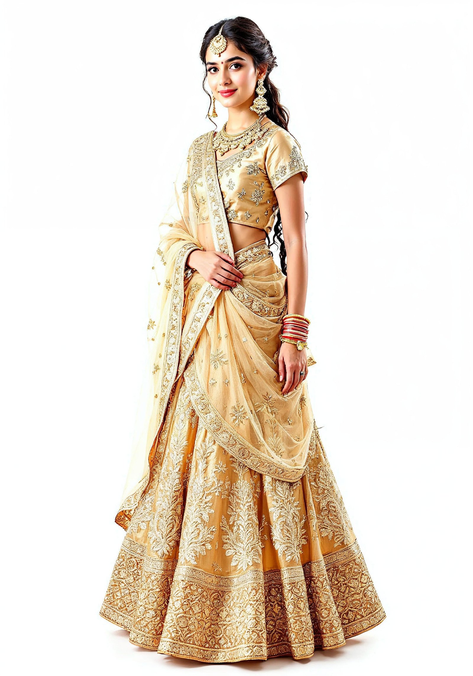 Beautiful Indian Girl in Traditional Lehenga Choli Standing Isolated on White Background