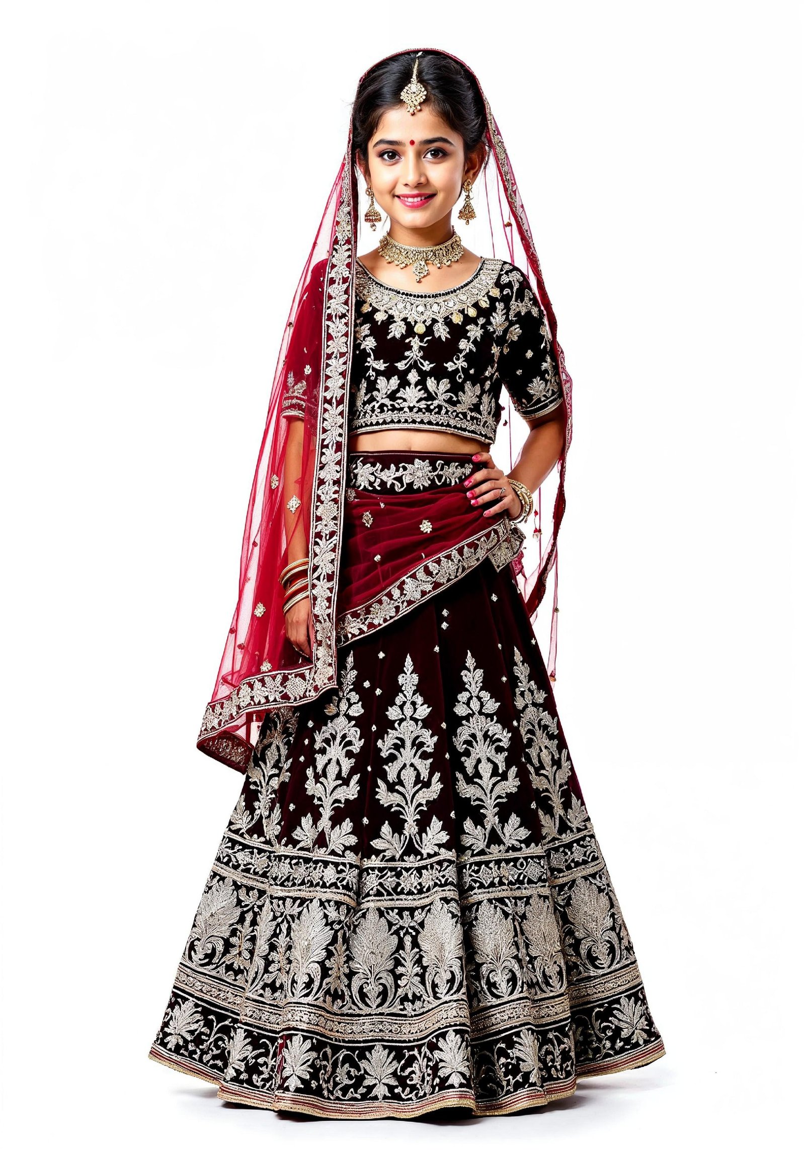 Beautiful Indian Girl in Traditional Lehenga Choli Standing Isolated on White Background