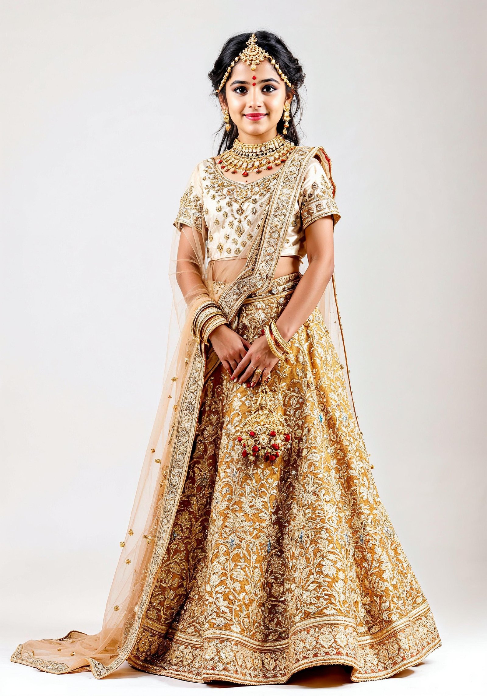 Beautiful Indian Girl in Traditional Lehenga Choli Standing Isolated on White Background