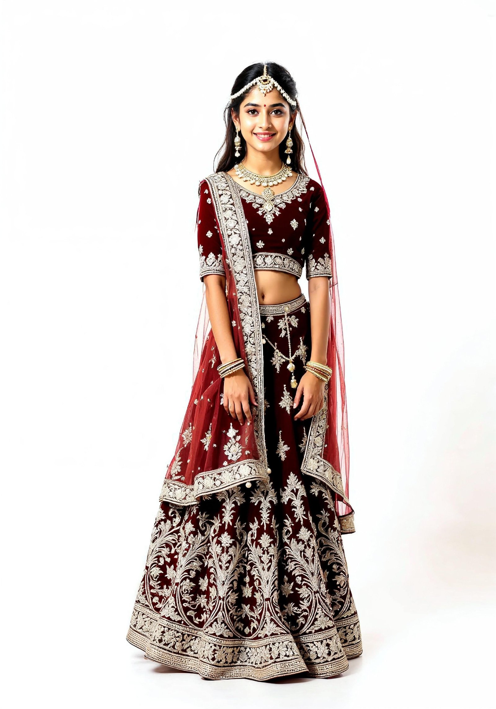 Beautiful Indian Girl in Traditional Lehenga Choli Standing Isolated on White Background