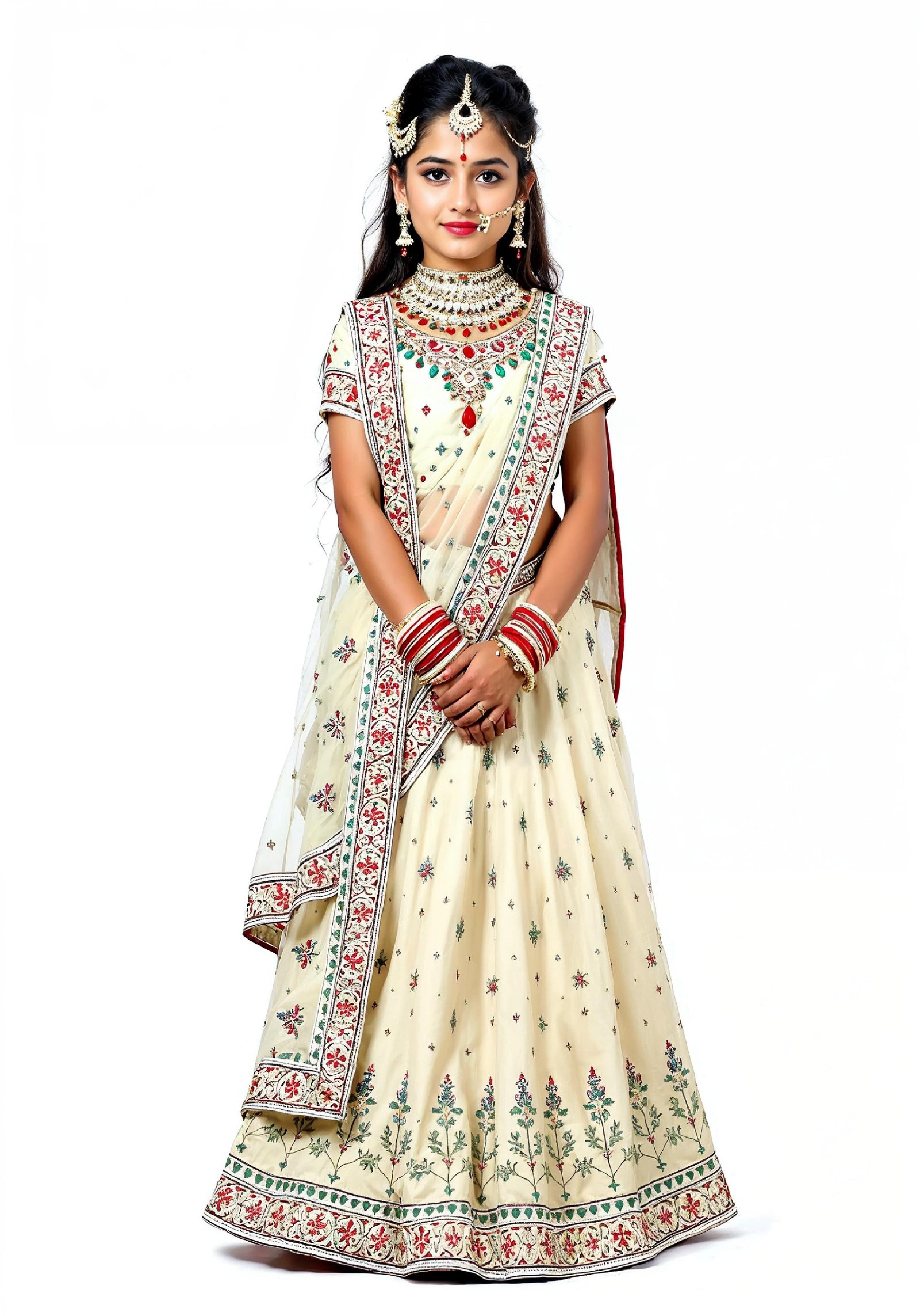 Beautiful Indian Girl in Traditional Lehenga Choli Standing Isolated on White Background