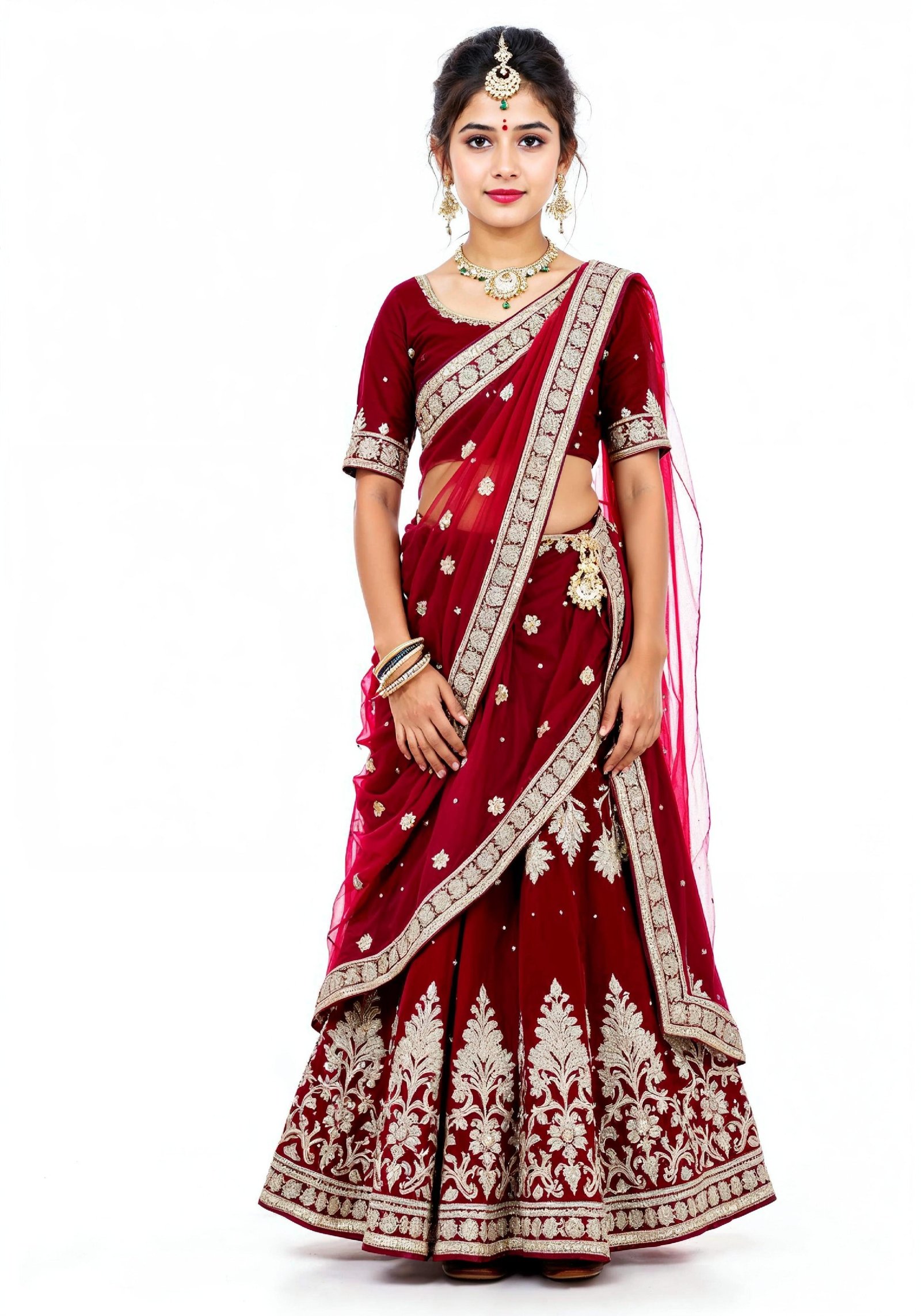 Beautiful Indian Girl in Traditional Lehenga Choli Standing Isolated on White Background