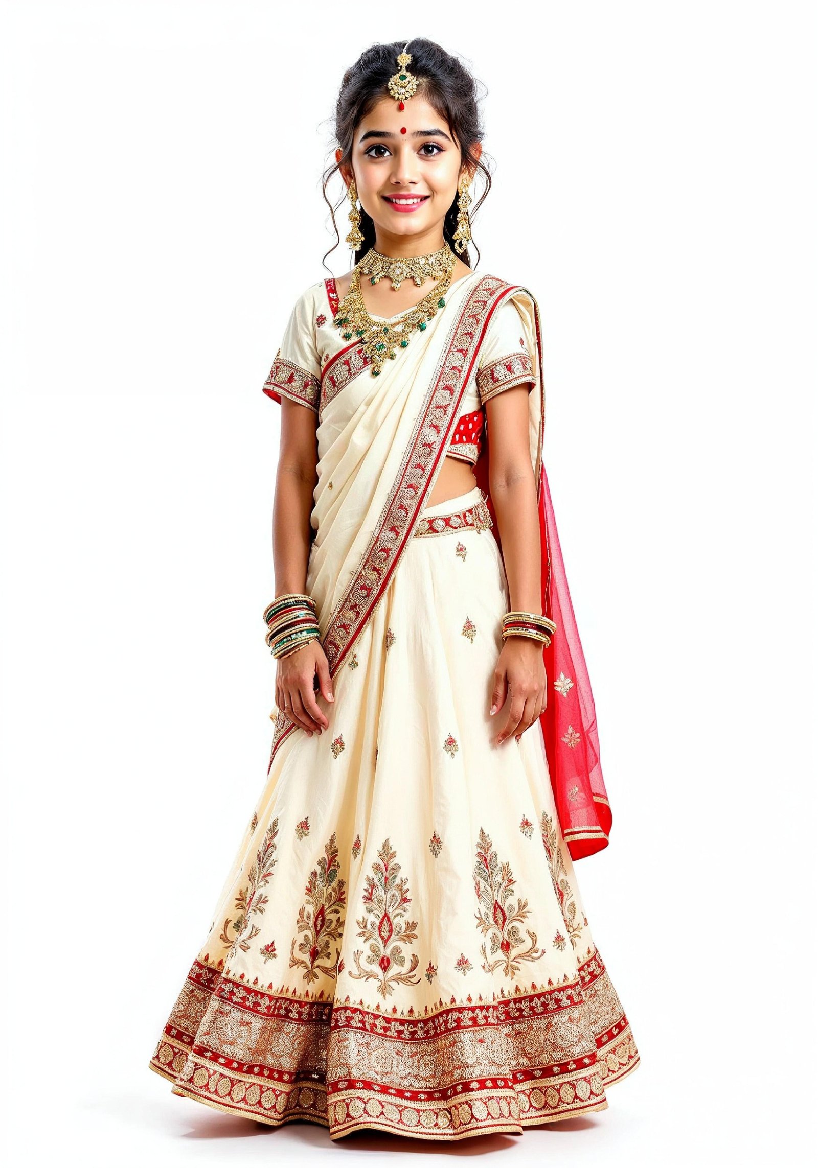 Beautiful Indian Girl in Traditional Lehenga Choli Standing Isolated on White Background