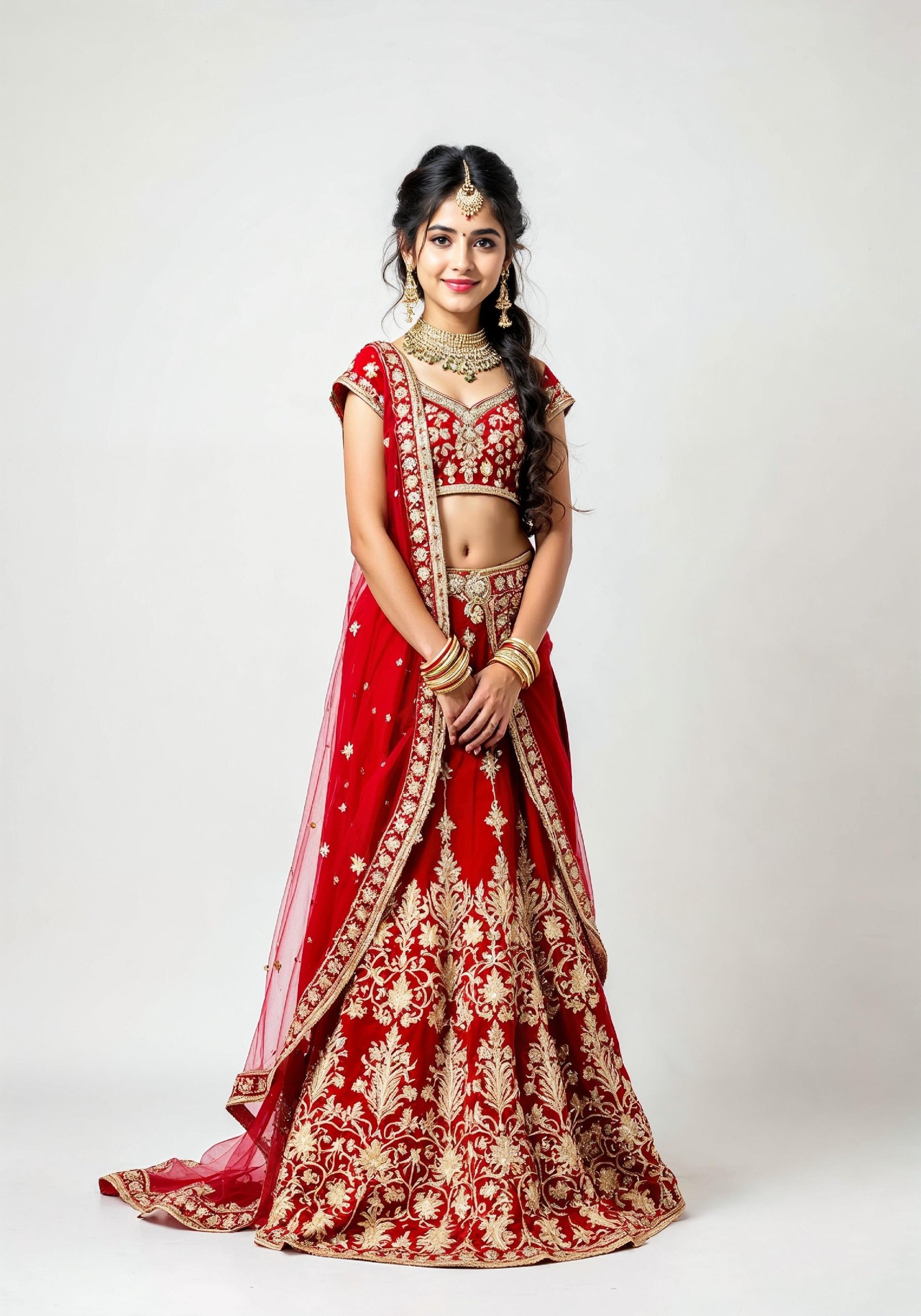 Beautiful Indian Girl in Traditional Lehenga Choli Standing Isolated on White Background