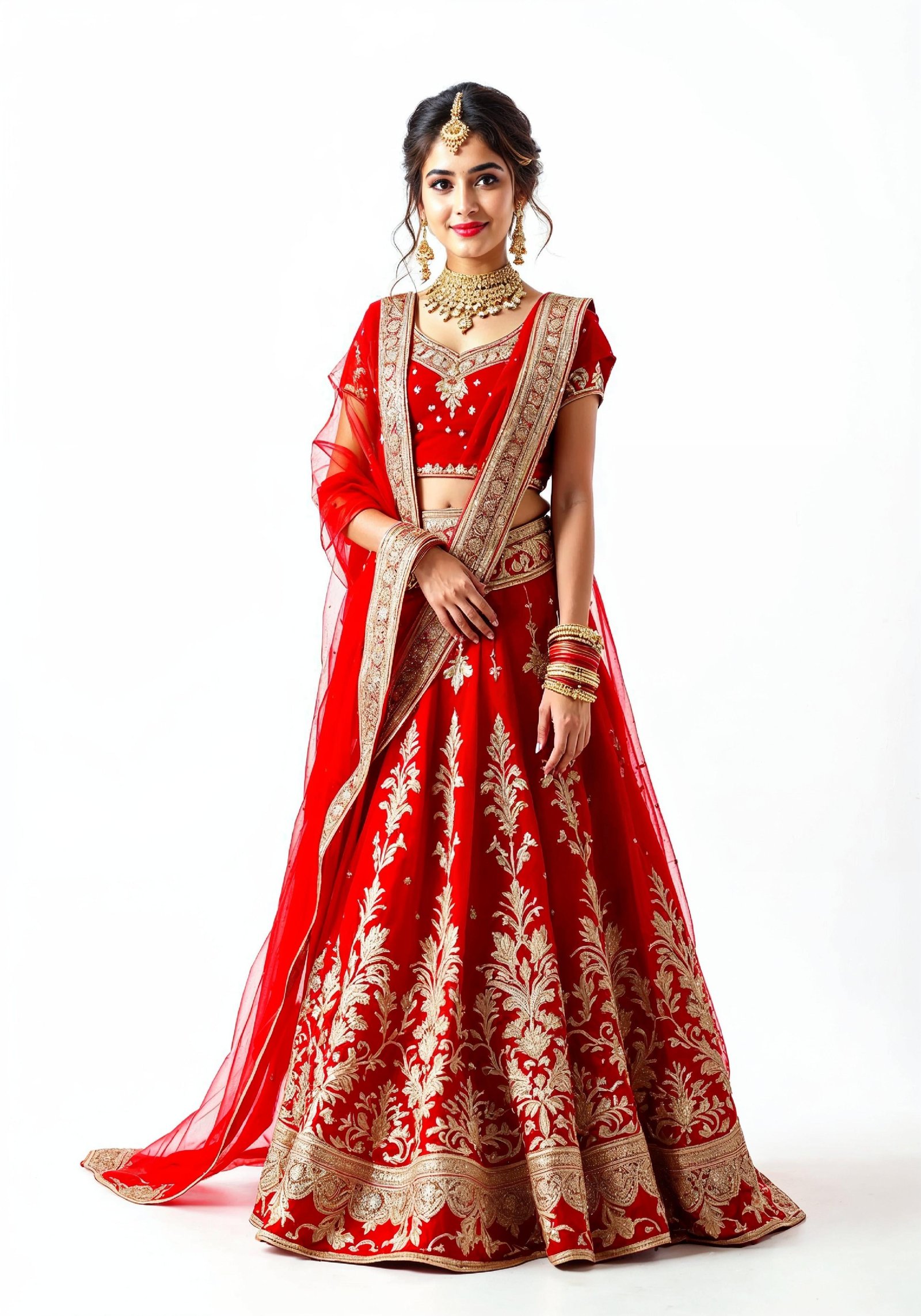 Beautiful Indian Girl in Traditional Lehenga Choli Standing Isolated on White Background