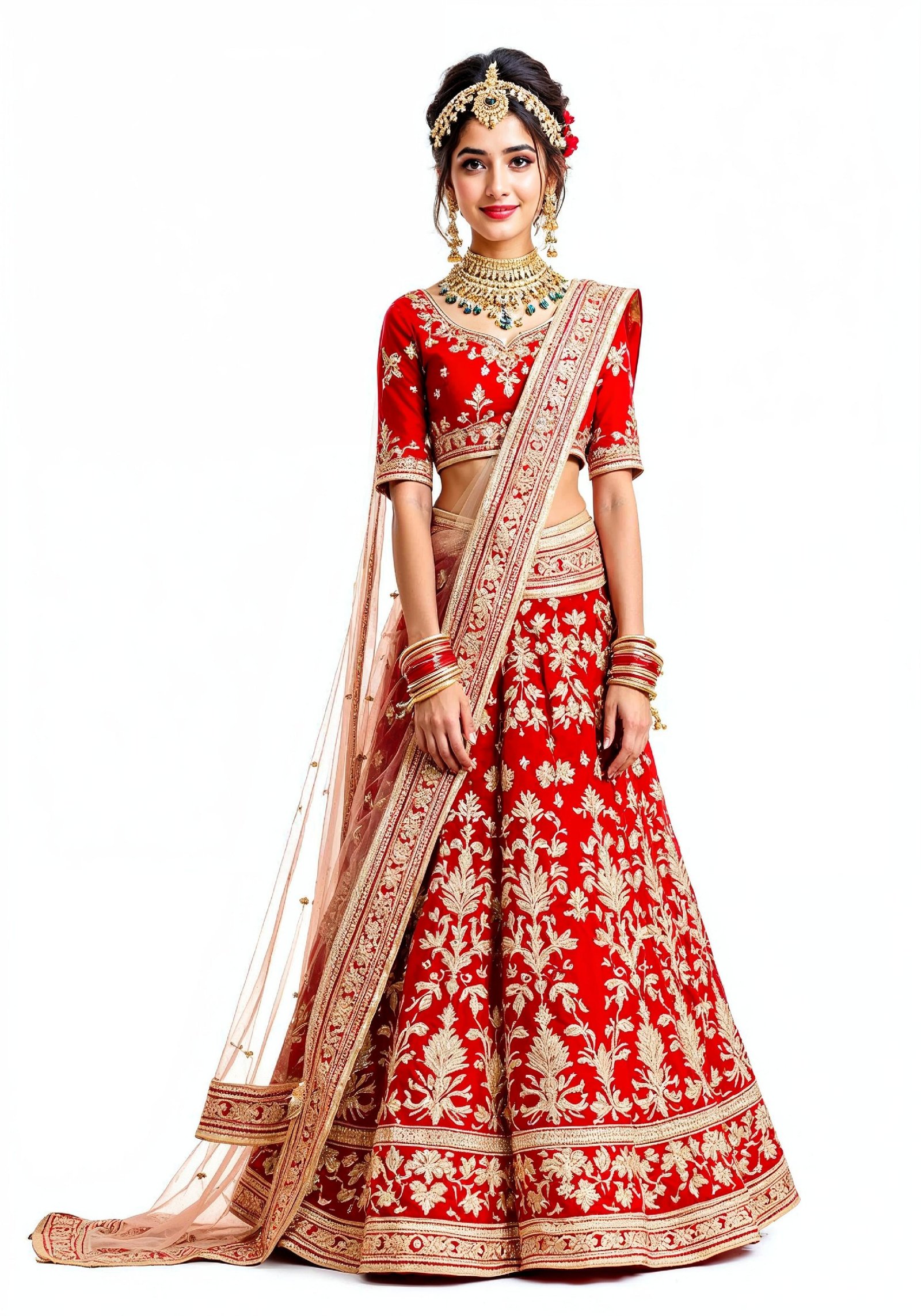 Beautiful Indian Girl in Traditional Lehenga Choli Standing Isolated on White Background