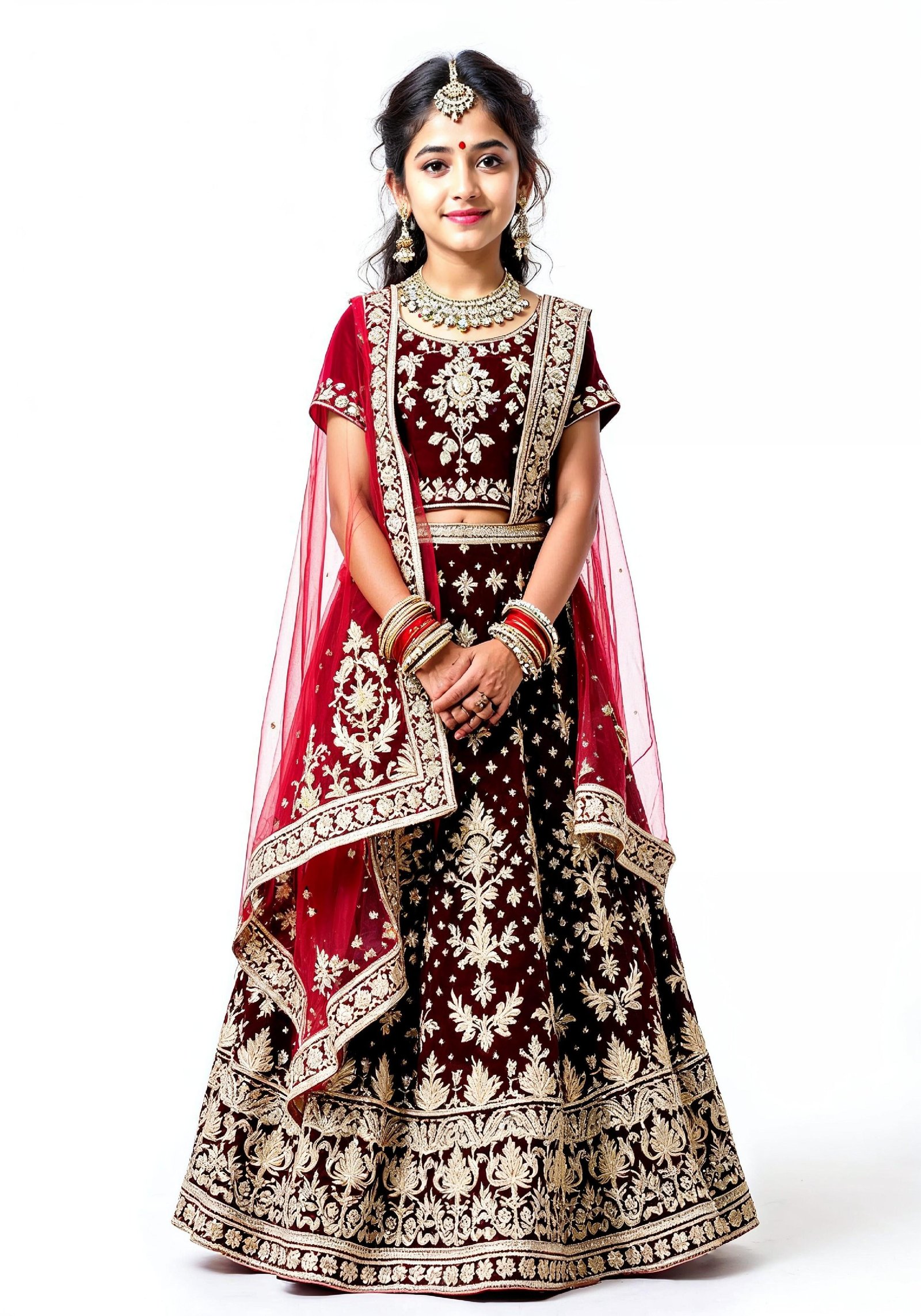 Beautiful Indian Girl in Traditional Lehenga Choli Standing Isolated on White Background
