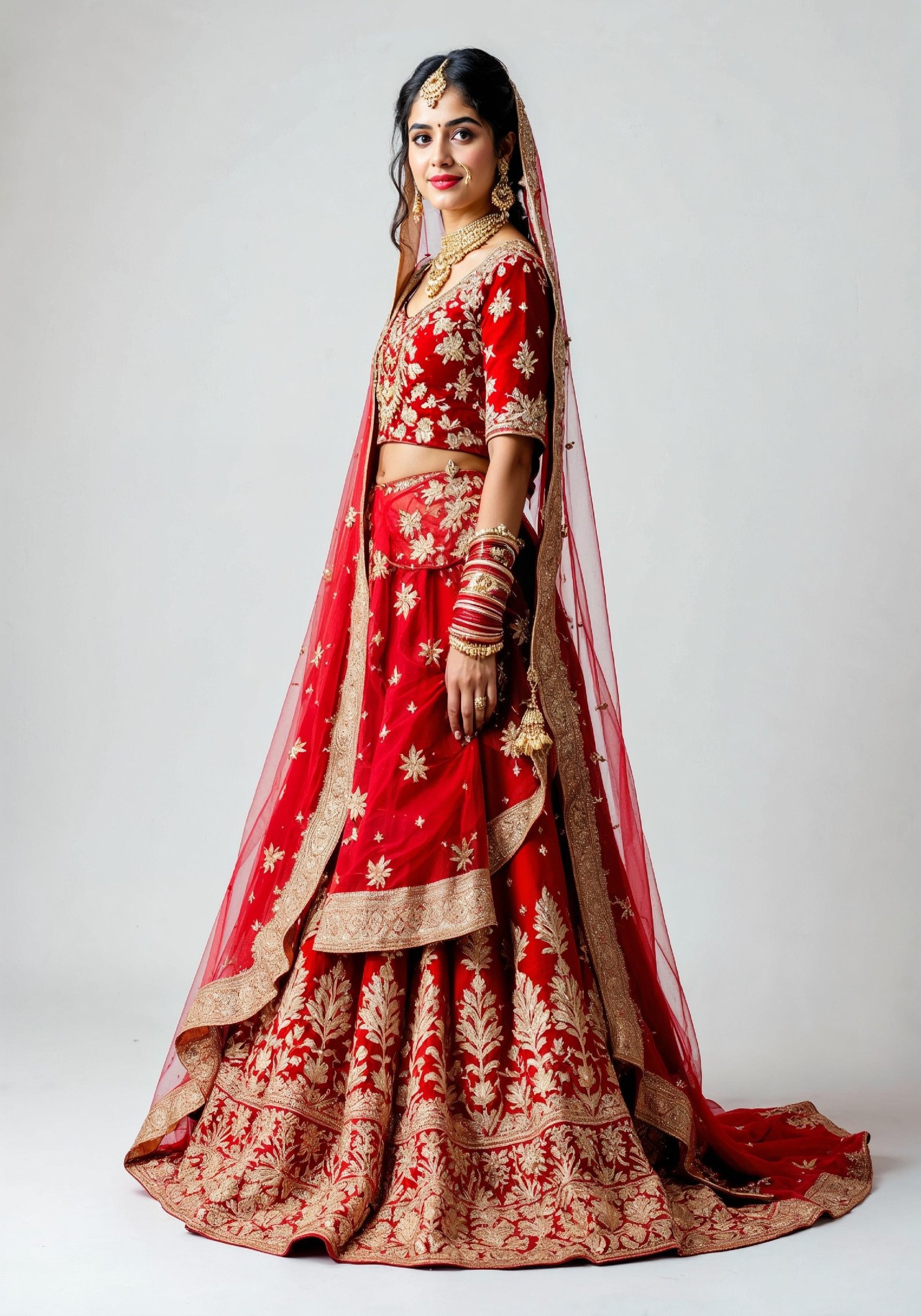 Beautiful Indian Girl in Traditional Lehenga Choli Standing Isolated on White Background