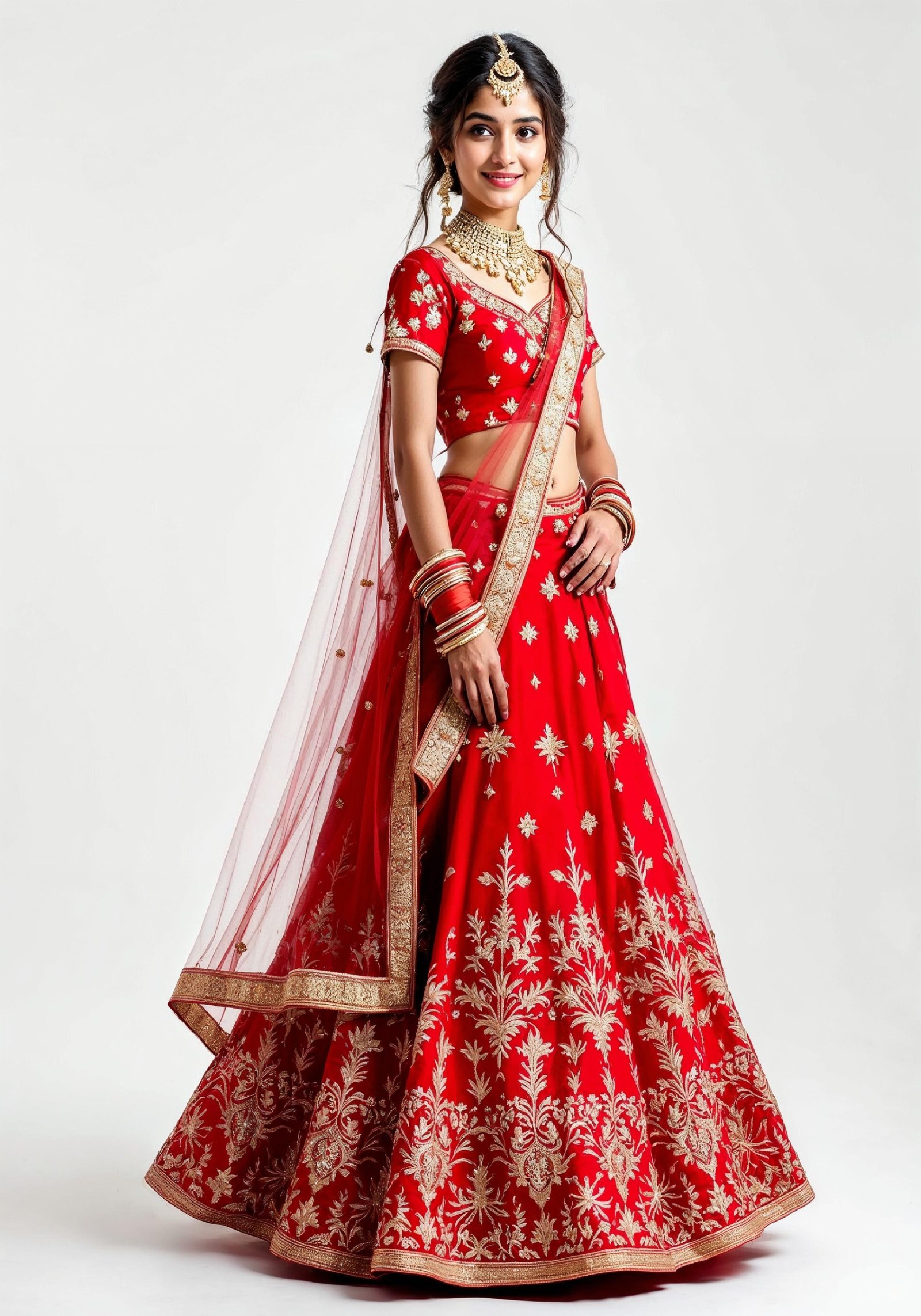 Beautiful Indian Girl in Traditional Lehenga Choli Standing Isolated on White Background