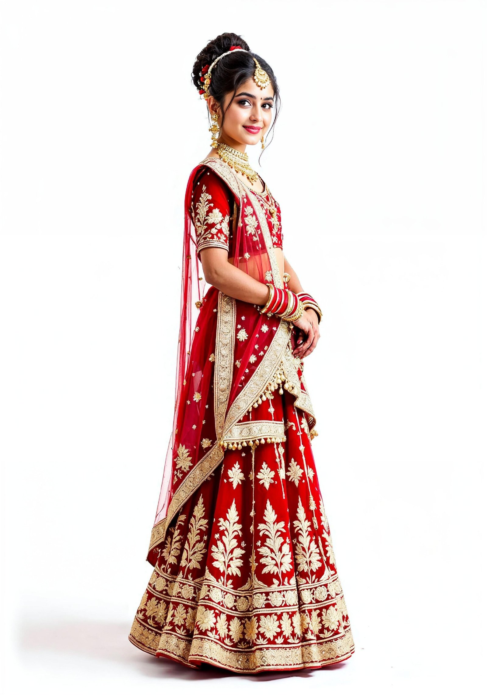 Beautiful Indian Girl in Traditional Lehenga Choli Standing Isolated on White Background