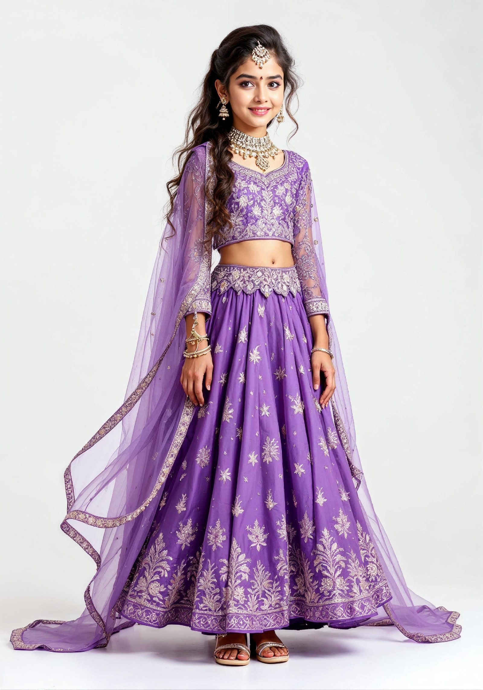 Beautiful Indian Girl in Traditional Lehenga Choli Standing Isolated on White Background