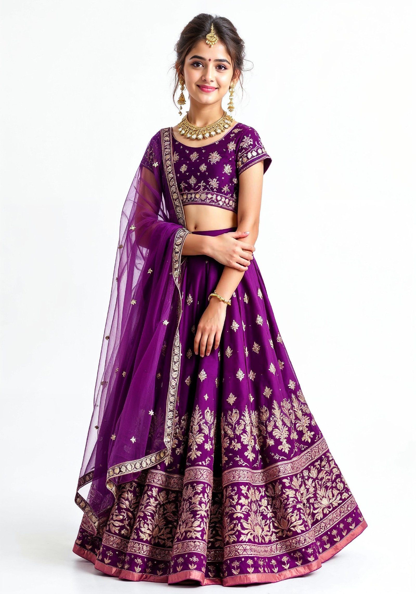Beautiful Indian Girl in Traditional Lehenga Choli Standing Isolated on White Background