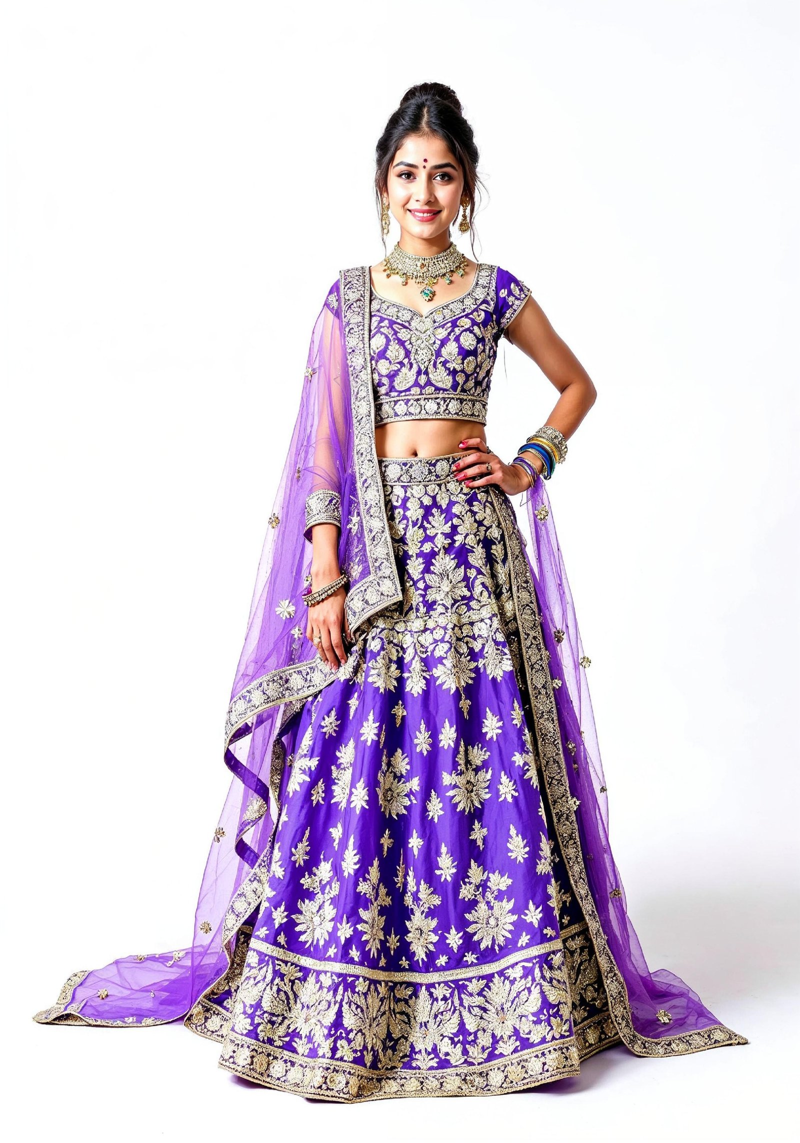 Beautiful Indian Girl in Traditional Lehenga Choli Standing Isolated on White Background