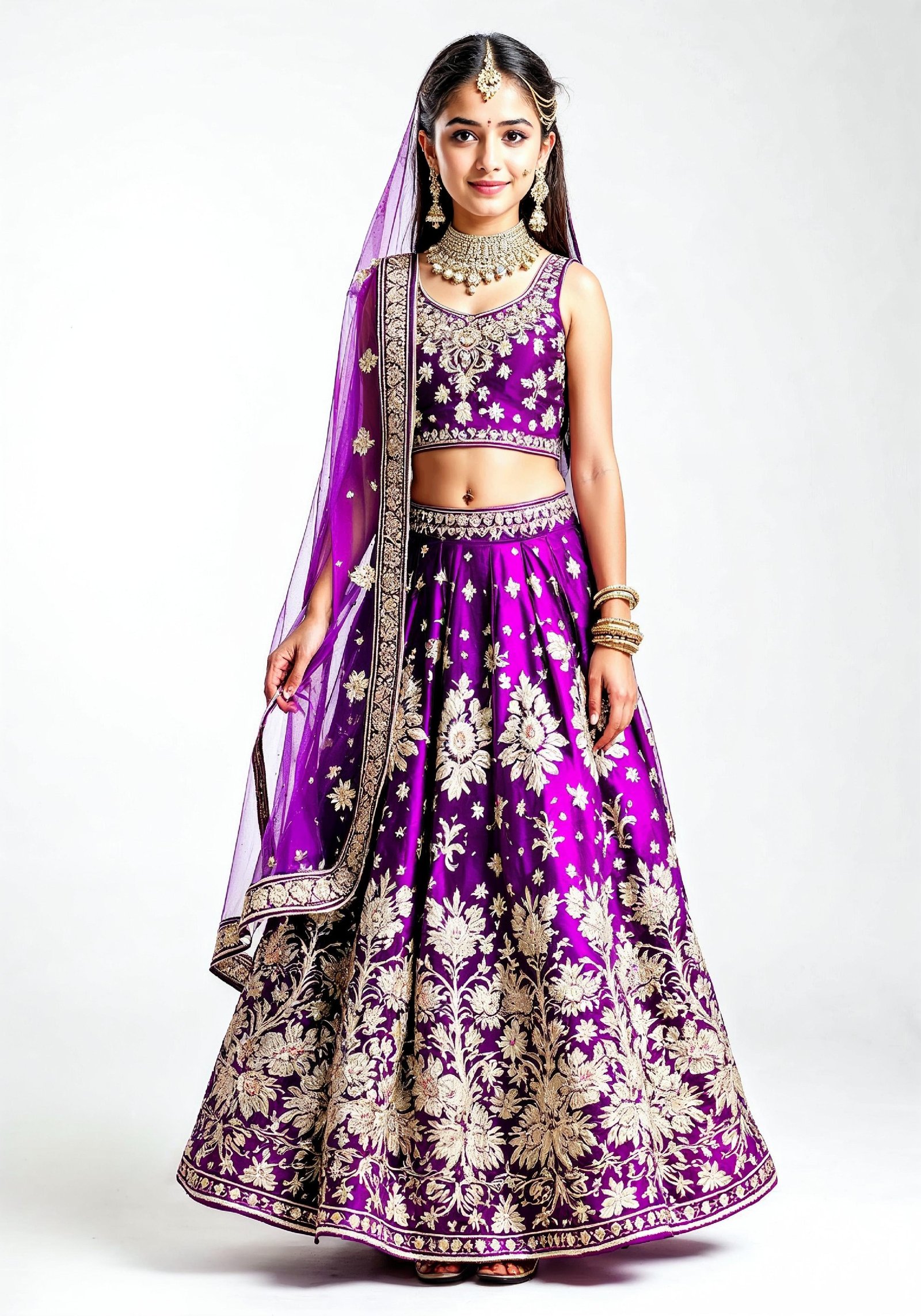 Beautiful Indian Girl in Traditional Lehenga Choli Standing Isolated on White Background