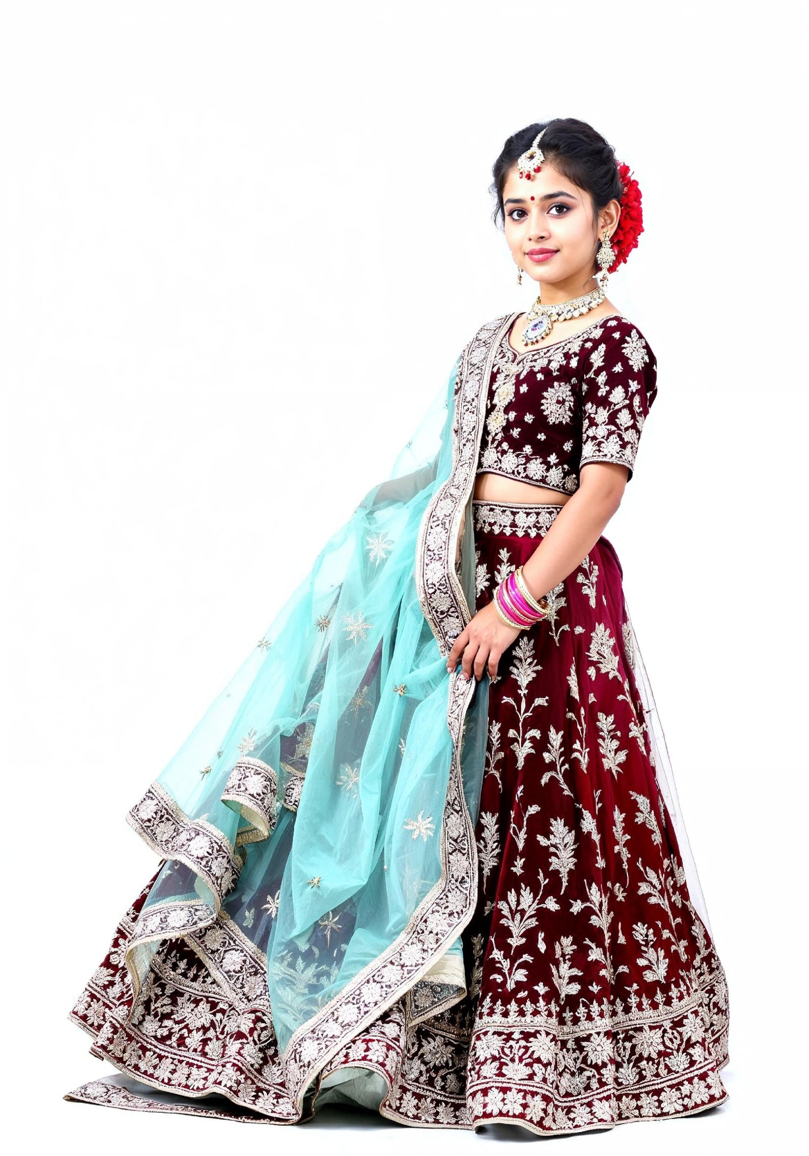 Beautiful Indian Girl in Traditional Lehenga Choli Standing Isolated on White Background