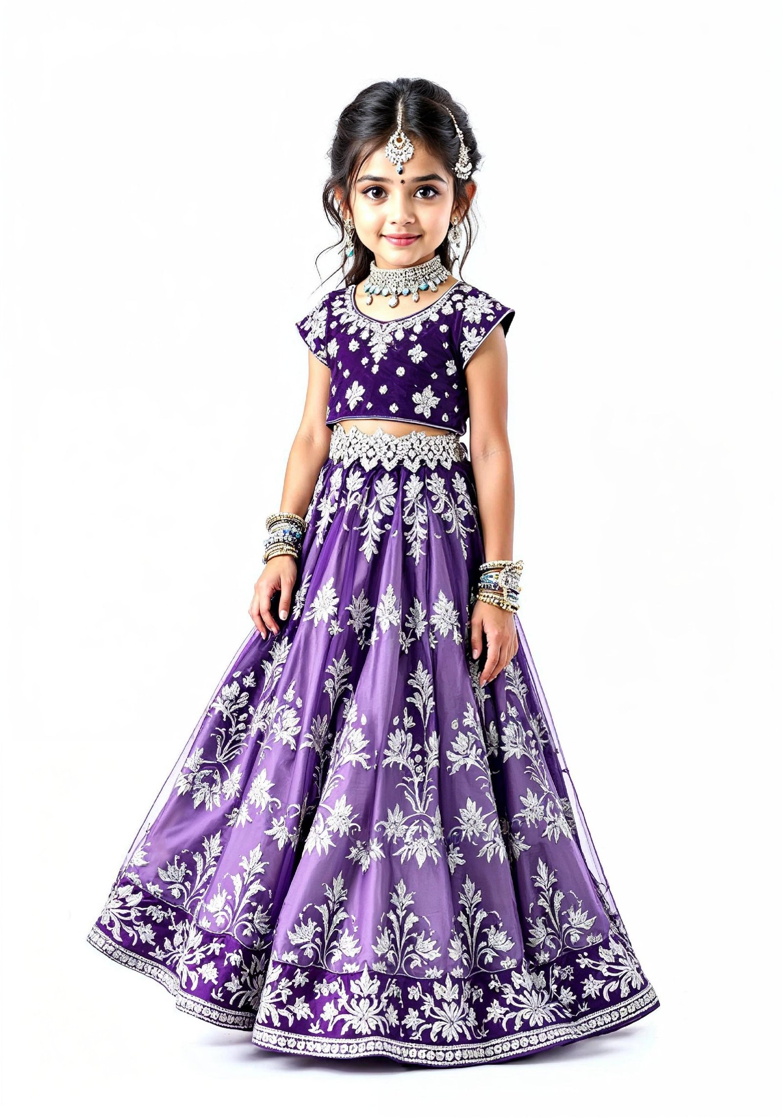 Beautiful Indian Girl in Traditional Lehenga Choli Standing Isolated on White Background