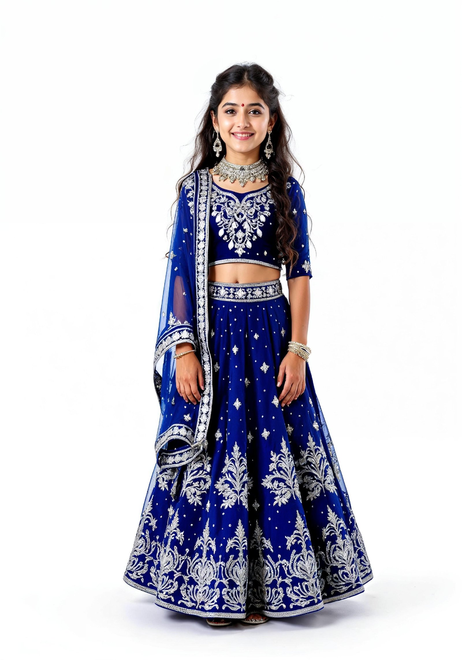 Beautiful Indian Girl in Traditional Lehenga Choli Standing Isolated on White Background