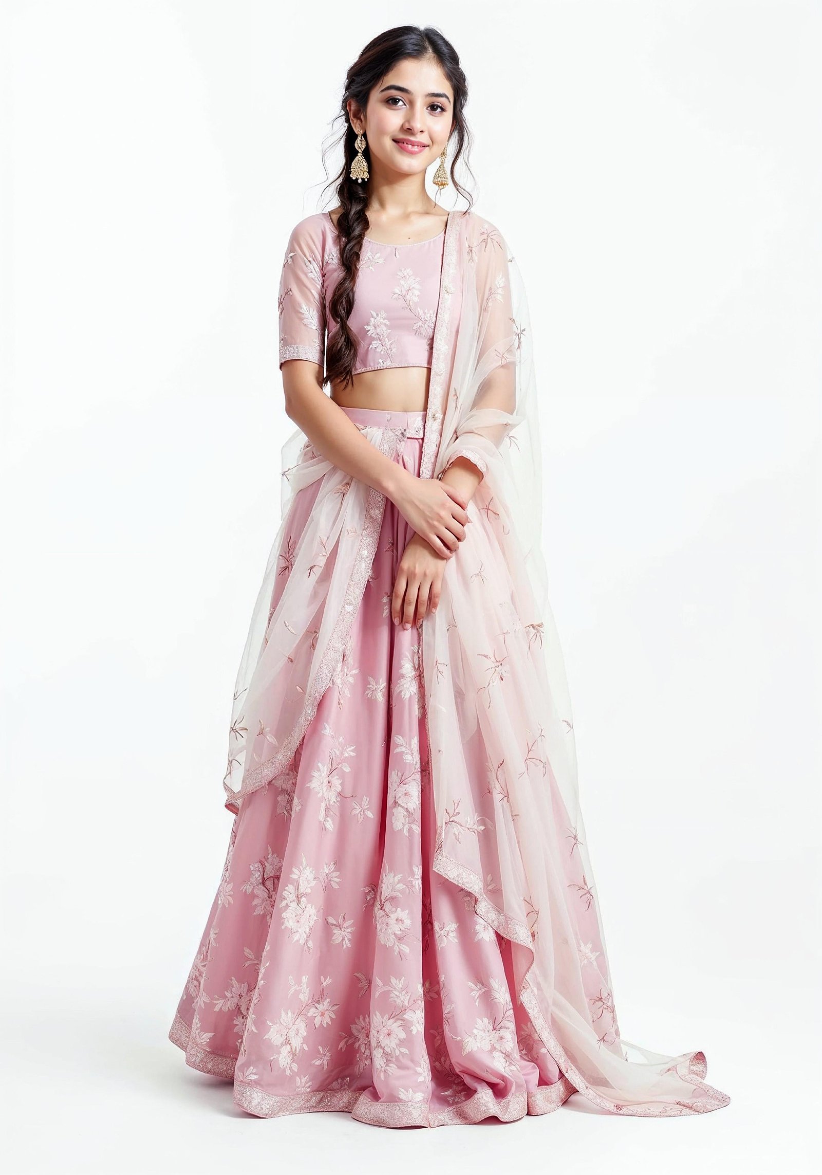 Beautiful Indian Girl in Traditional Lehenga Choli Standing Isolated on White Background