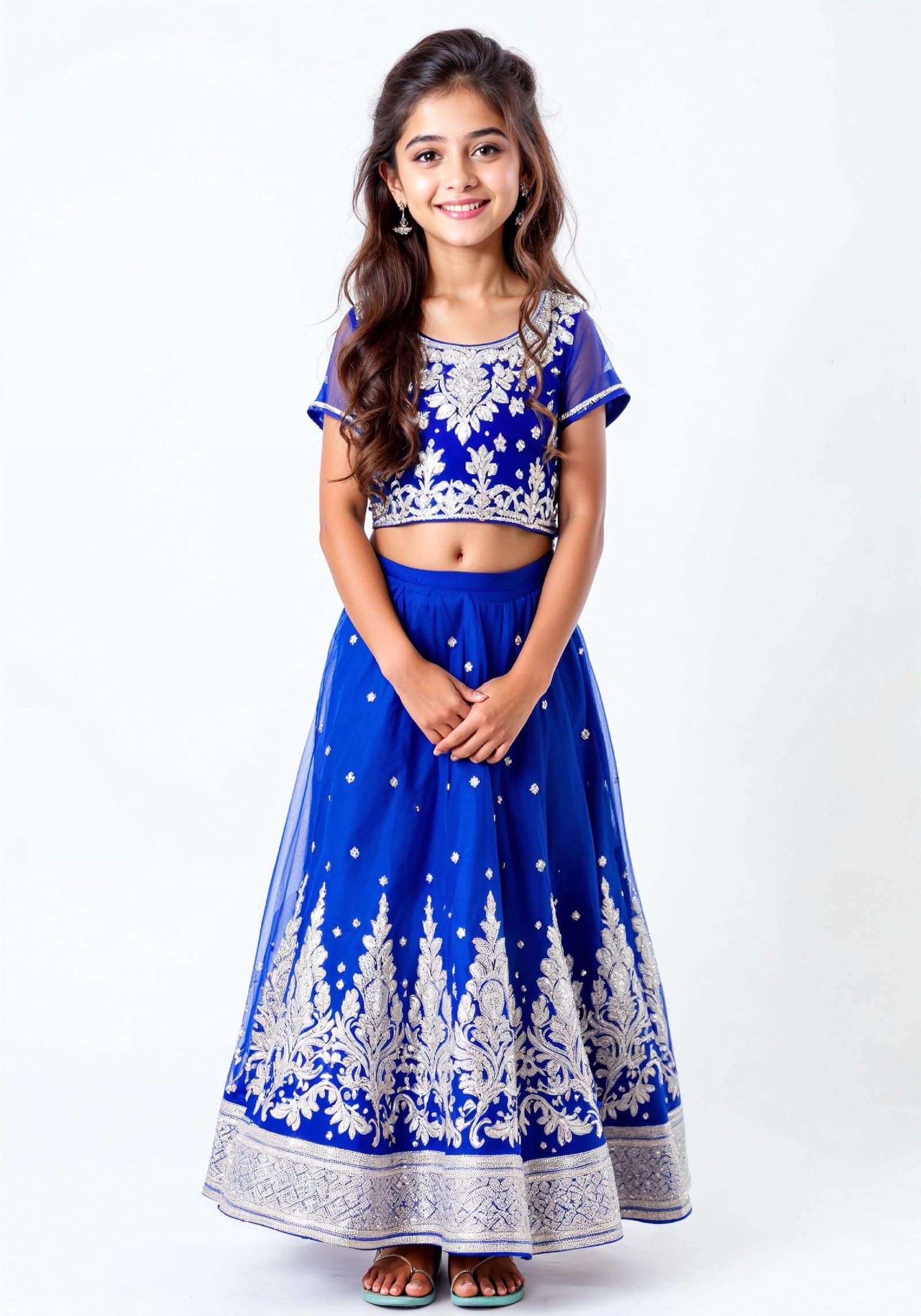 Beautiful Indian Girl in Traditional Lehenga Choli Standing Isolated on White Background