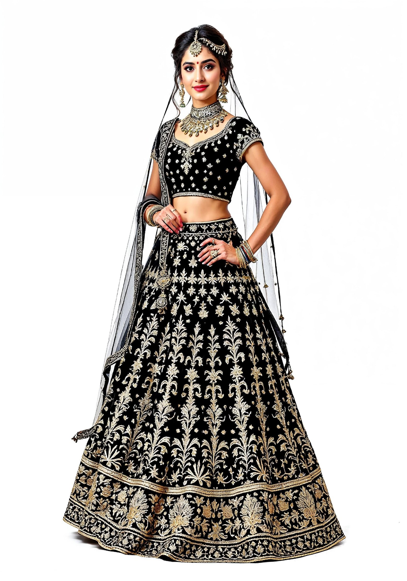 Beautiful Indian Girl in Traditional Lehenga Choli Standing Isolated on White Background