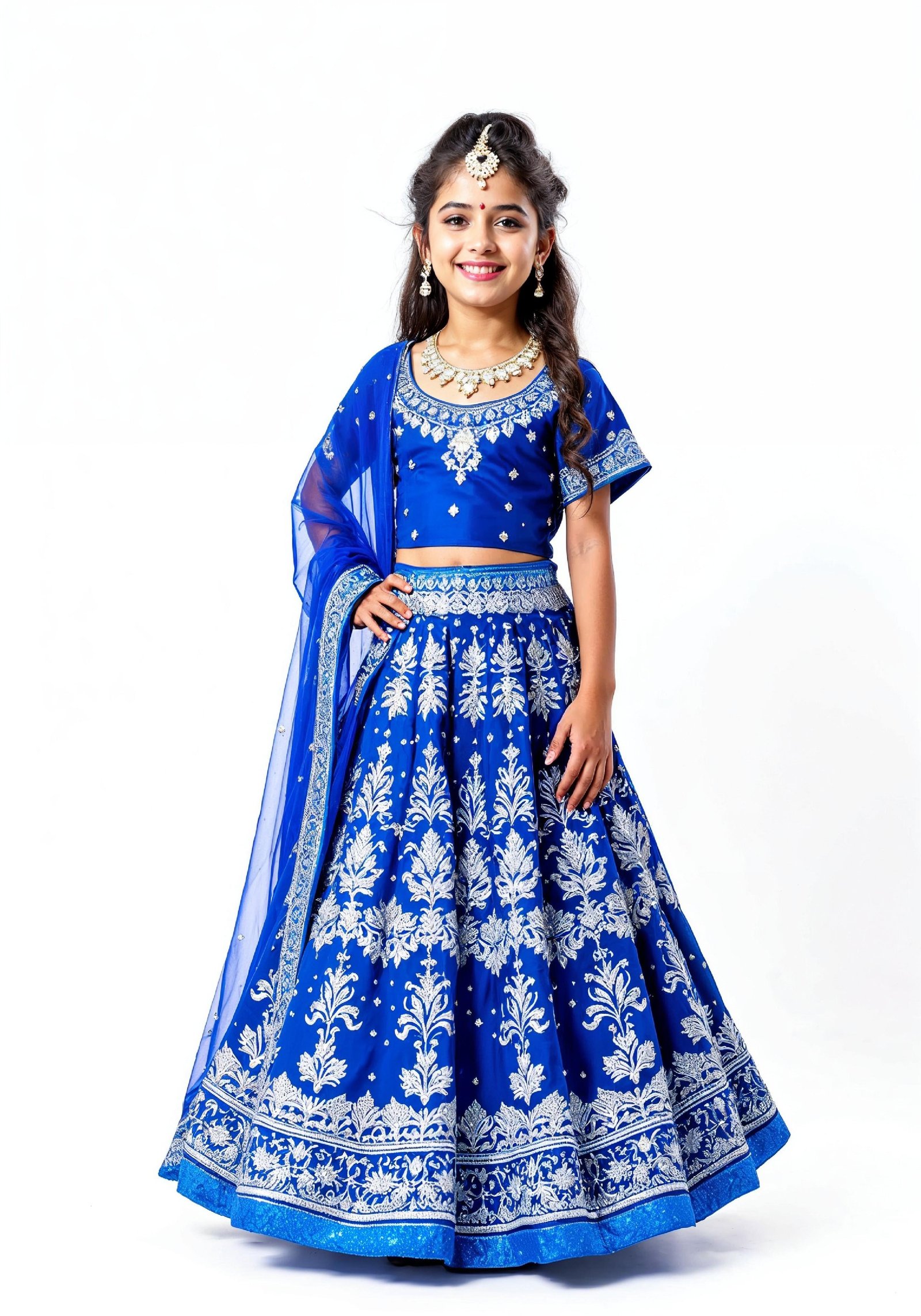 Beautiful Indian Girl in Traditional Lehenga Choli Standing Isolated on White Background