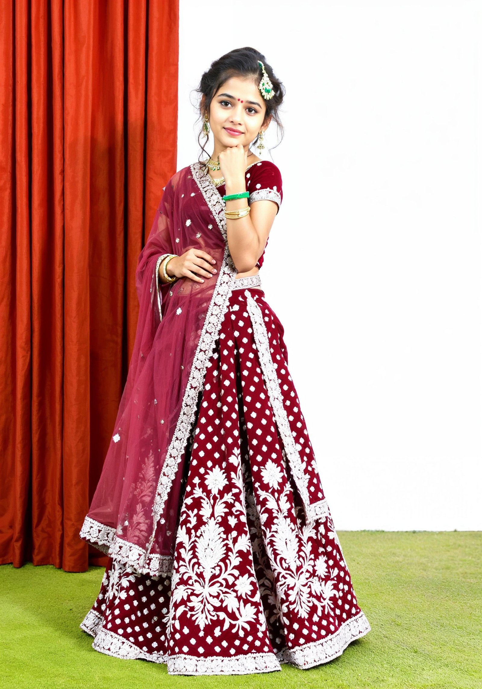 Beautiful Indian Girl in Traditional Lehenga Choli Standing Isolated on White Background