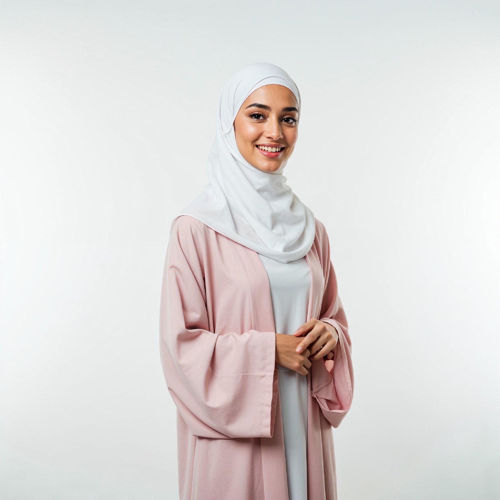 Beautiful Young Muslim Woman Wearing White Hijab and Modest Dress in Studio Portrait