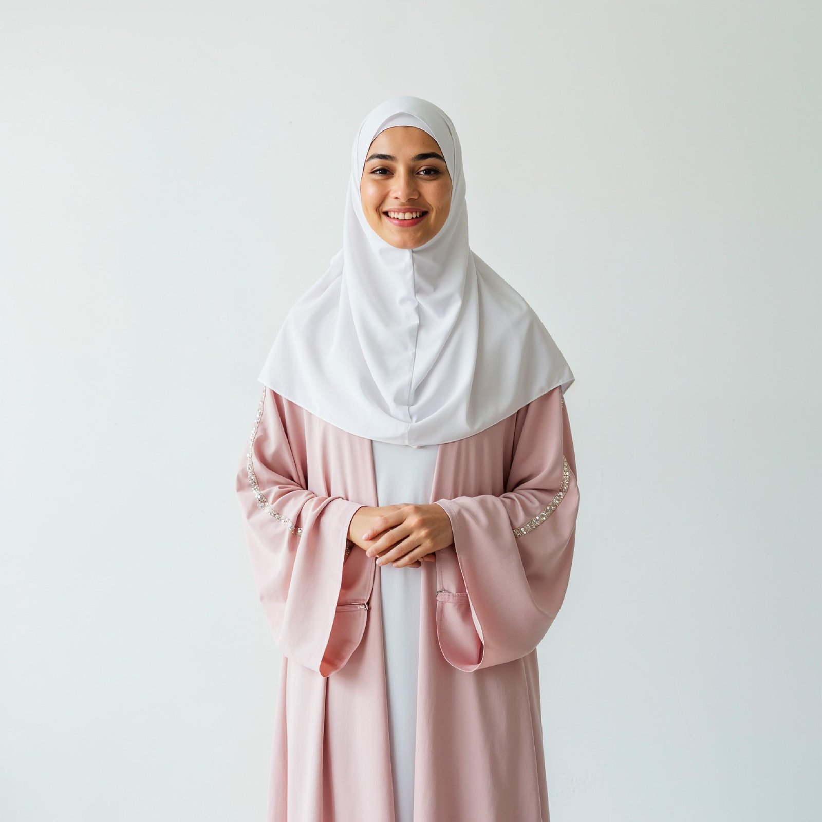 Beautiful Young Muslim Woman Wearing White Hijab and Modest Dress in Studio Portrait