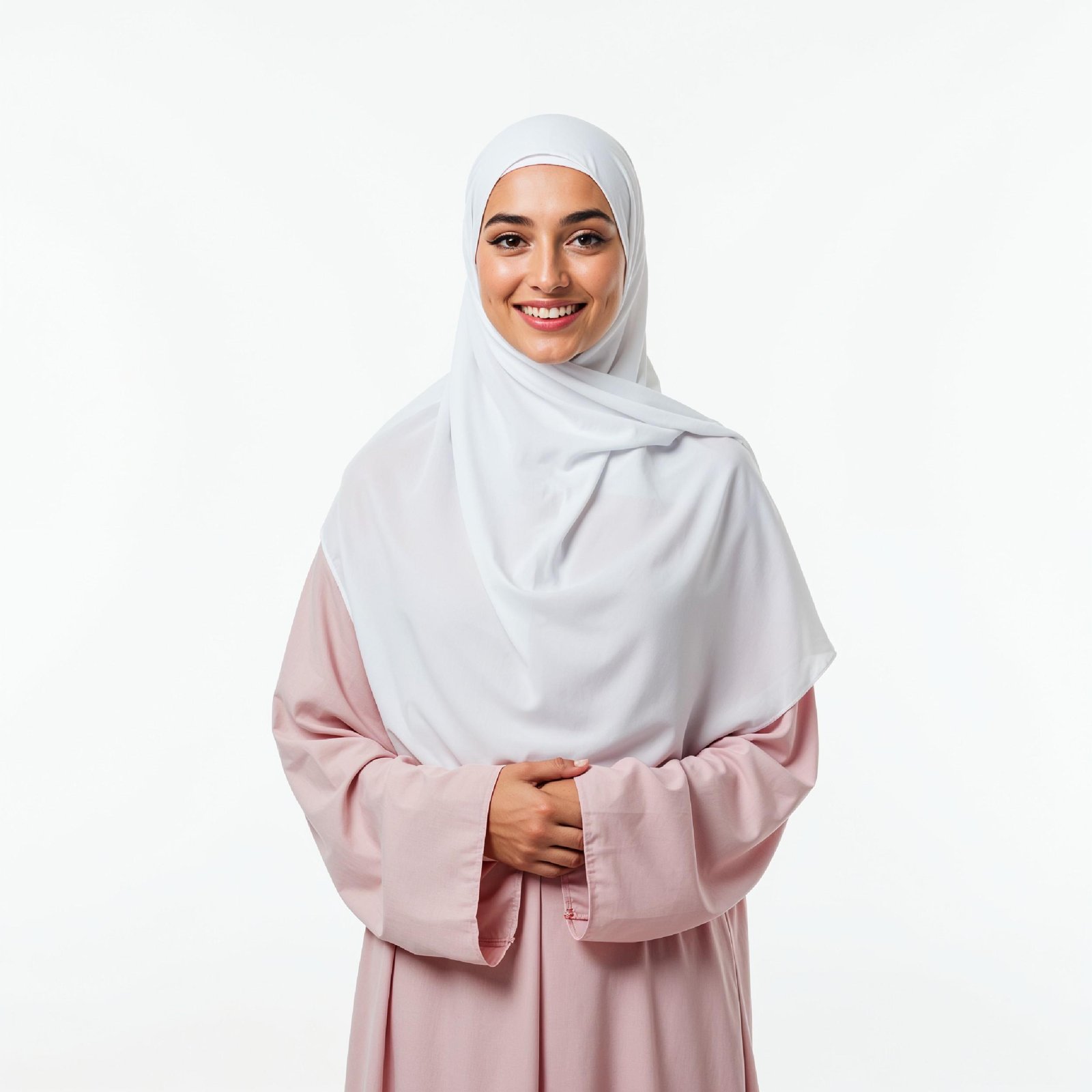 Beautiful Young Muslim Woman Wearing White Hijab and Modest Dress in Studio Portrait