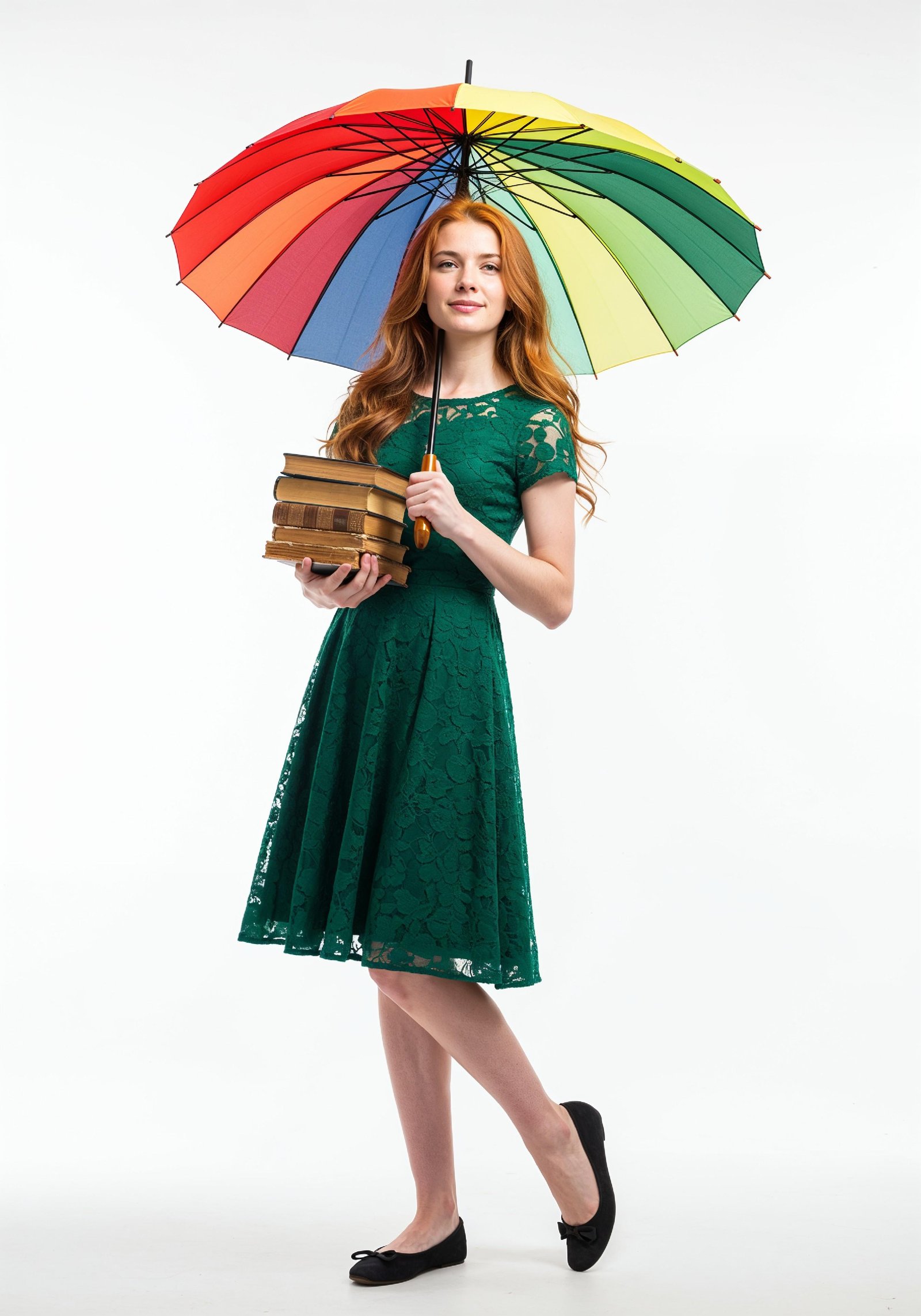 Beautiful Young Woman Holding Colorful Umbrella and Books Student Lifestyle Portrait