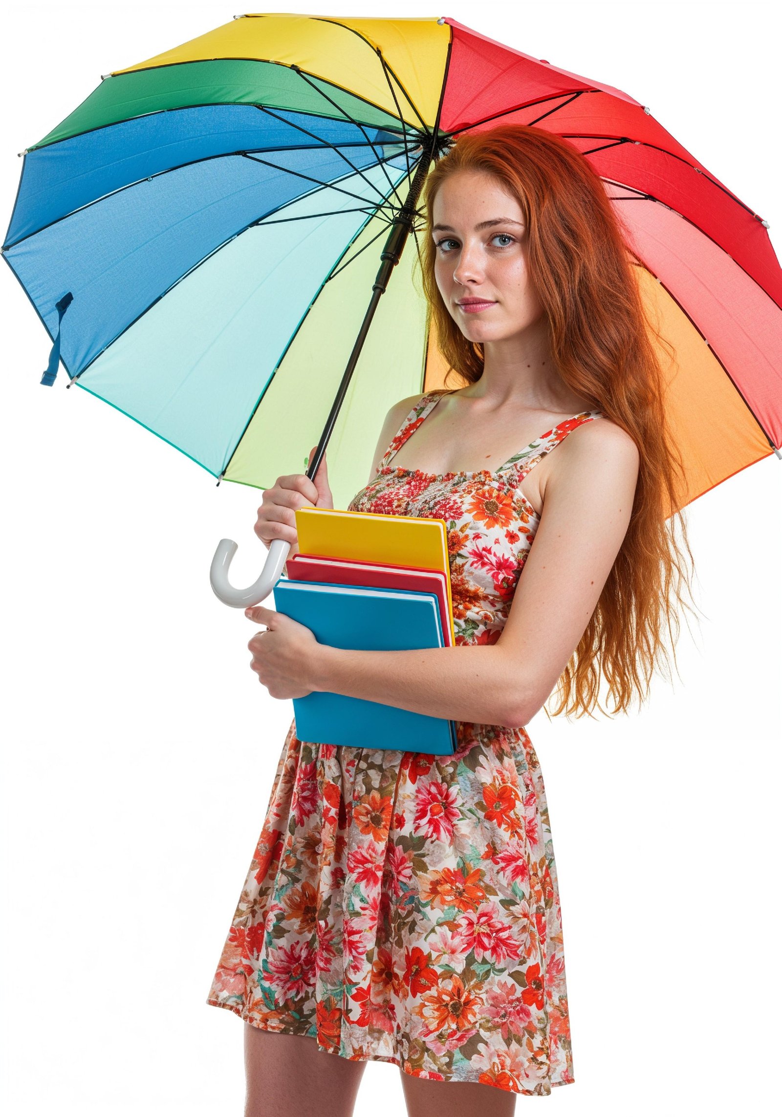 Beautiful Young Woman Holding Colorful Umbrella and Books Student Lifestyle Portrait