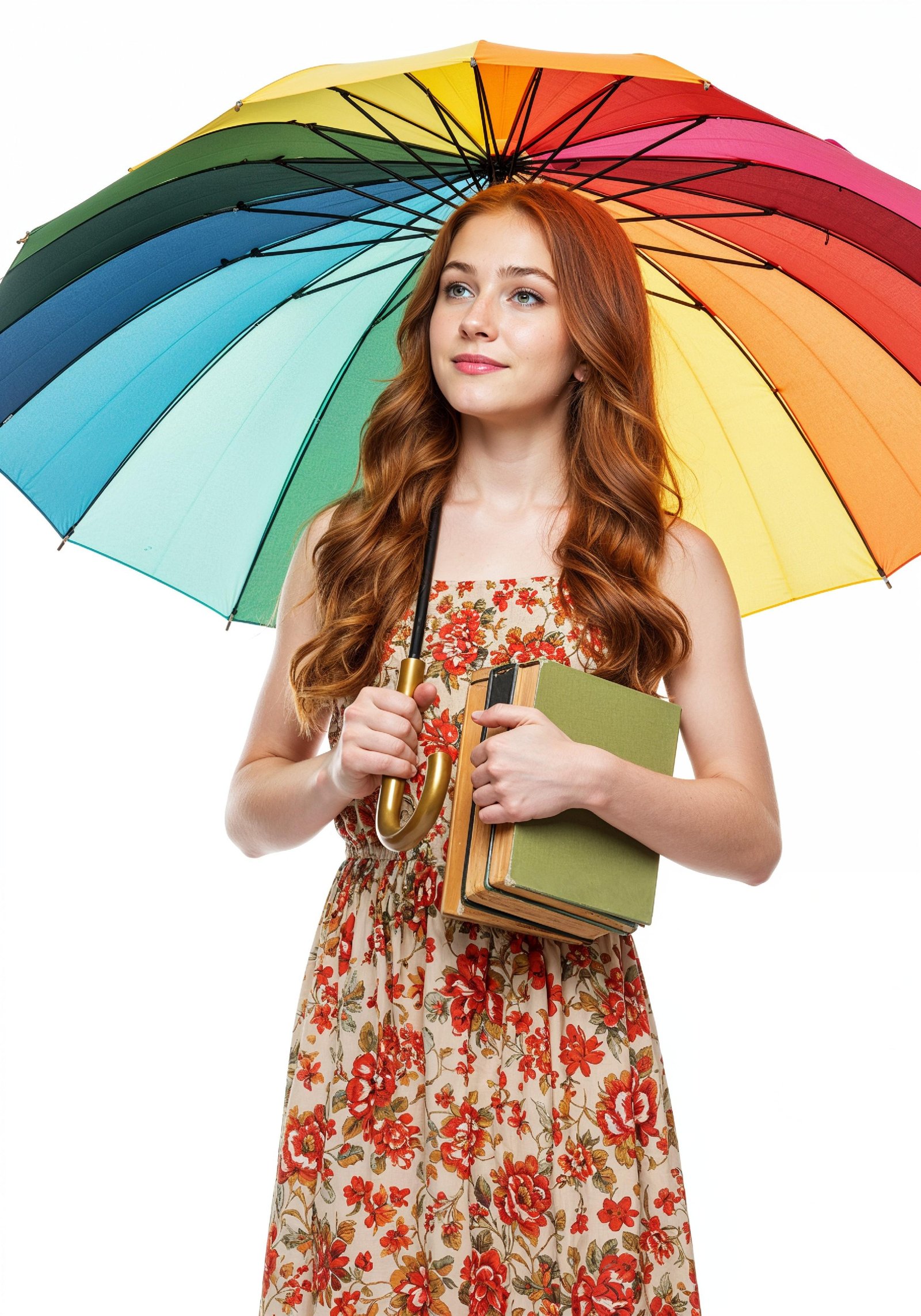 Beautiful Young Woman Holding Colorful Umbrella and Books Student Lifestyle Portrait