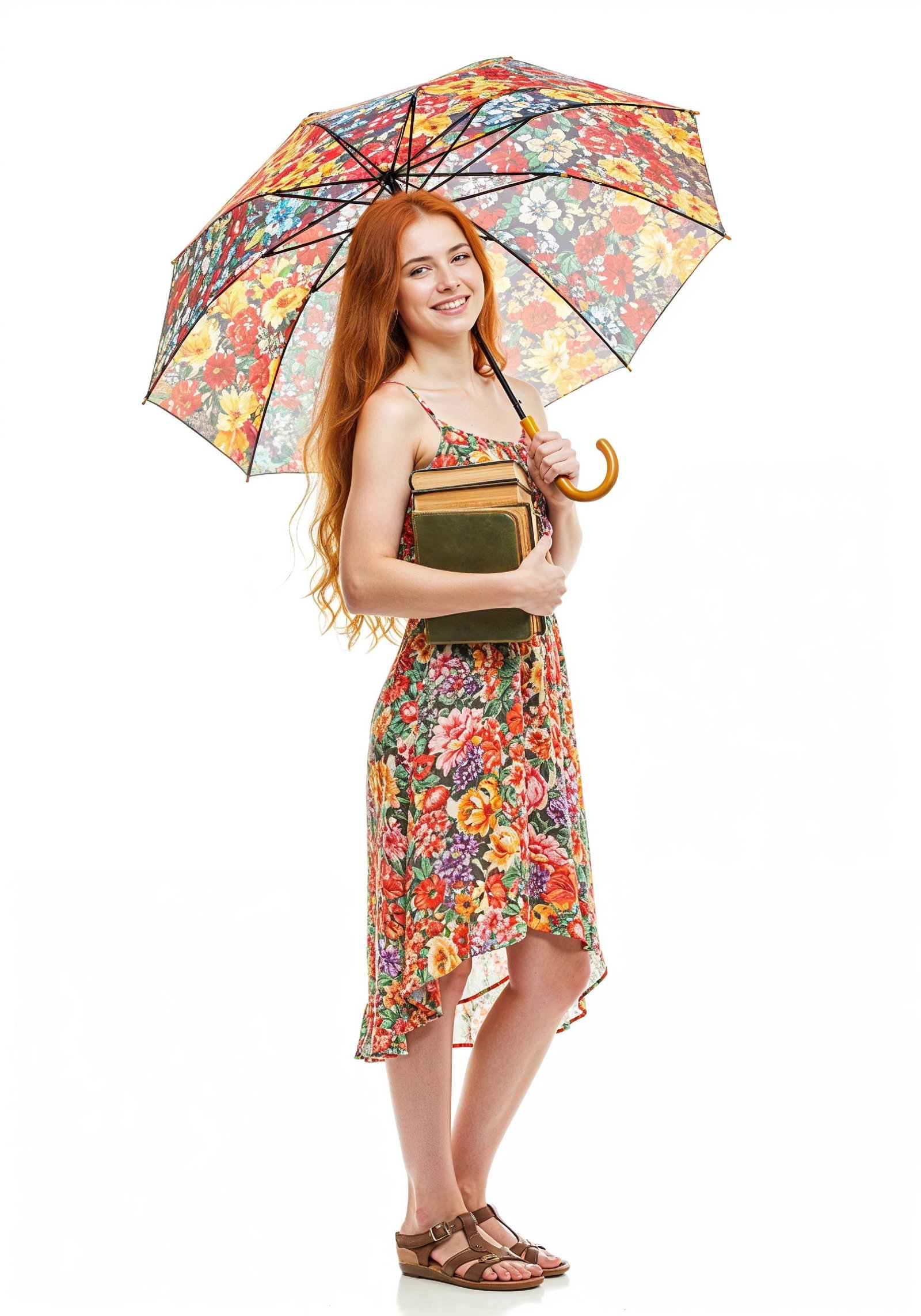 Beautiful Young Woman Holding Colorful Umbrella and Books Student Lifestyle Portrait