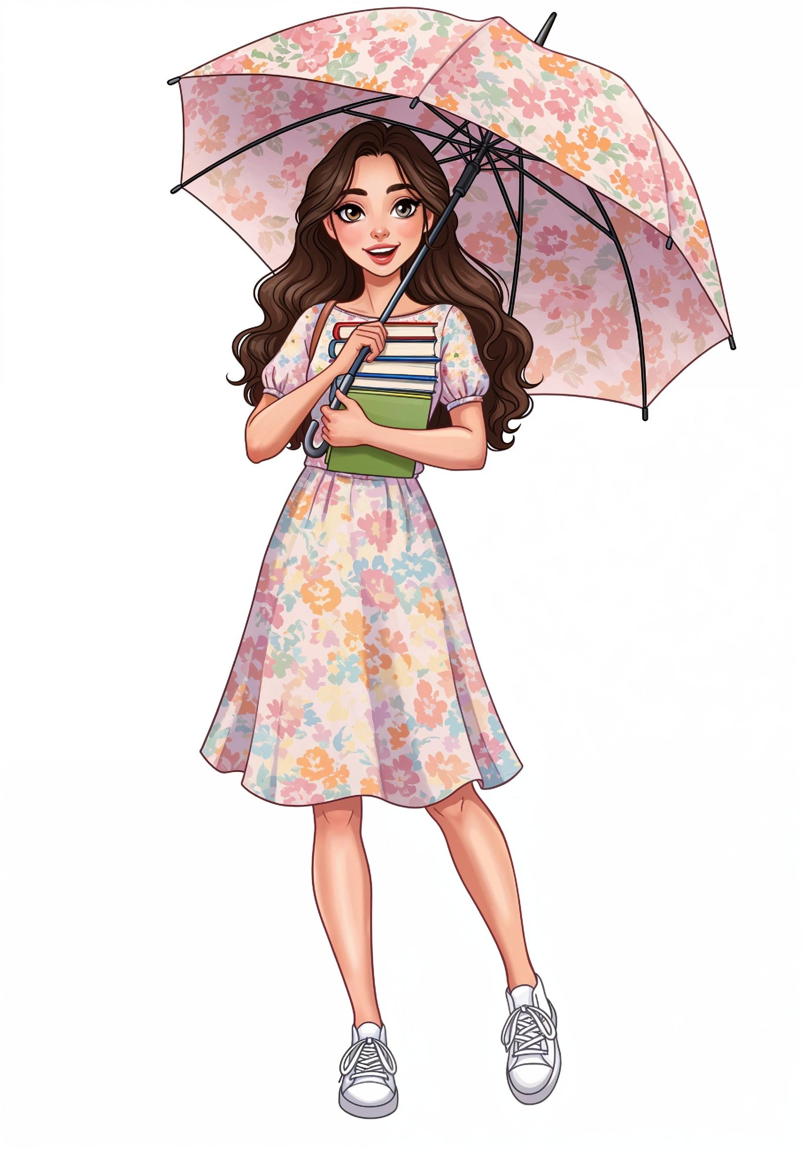 Beautiful Young Woman Holding Colorful Umbrella and Books Student Lifestyle Portrait